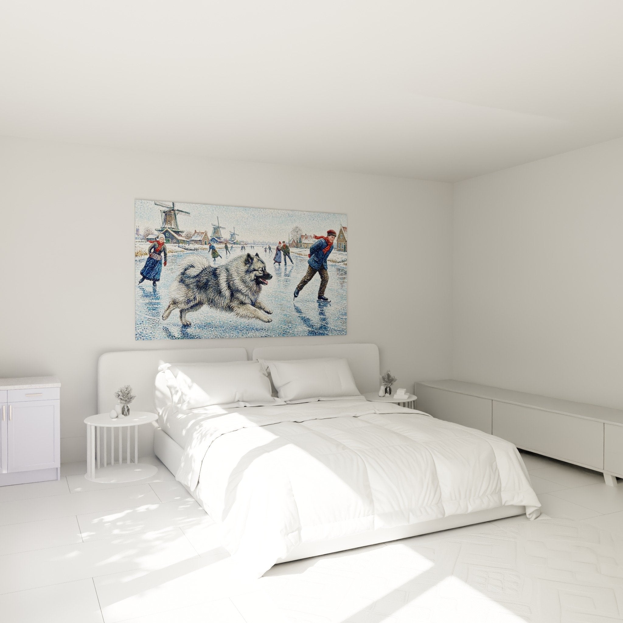 Tableau Keeshond patinoire hollandaise accroché au-dessus lit chambre décoration murale tons bleus apaisants