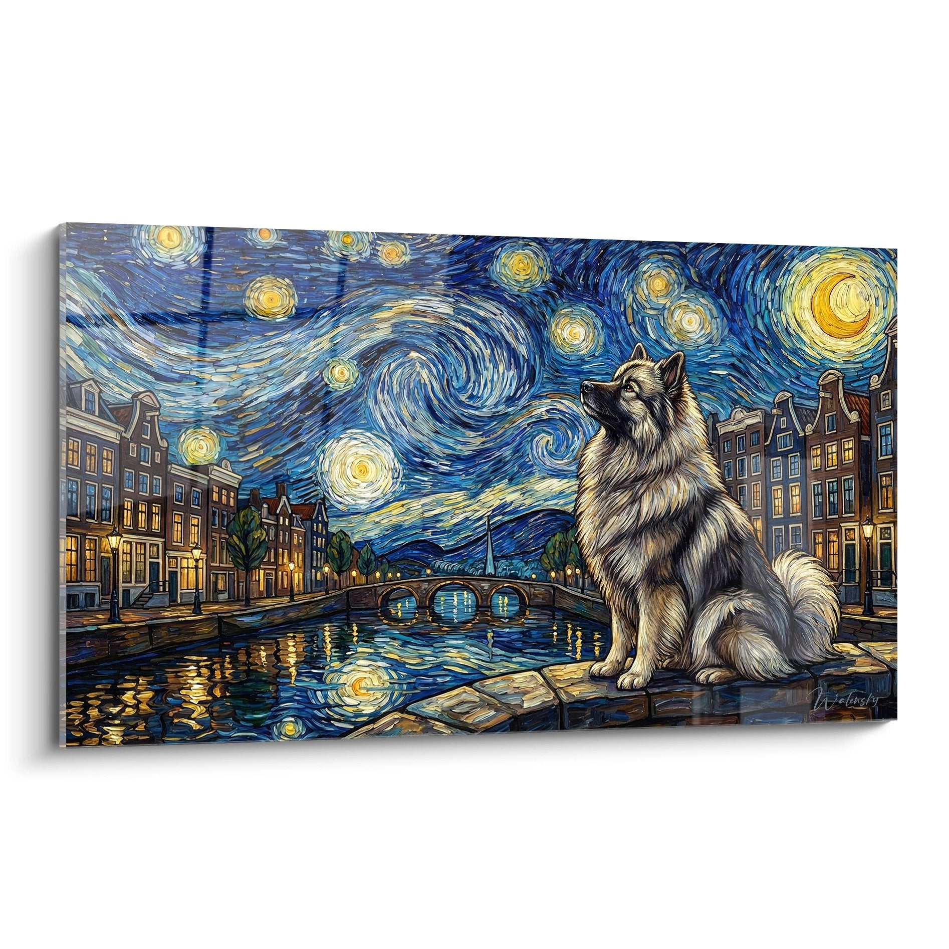 Tableau Keeshond majestueux contemplant ciel etoile tourbillonnant bleu dore canaux Amsterdam style impressionniste