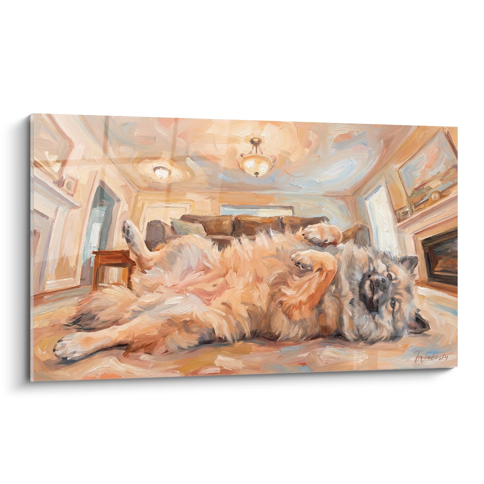 Tableau keeshond detendus tons dores salon elegant soyeux reflets lumiere naturelle