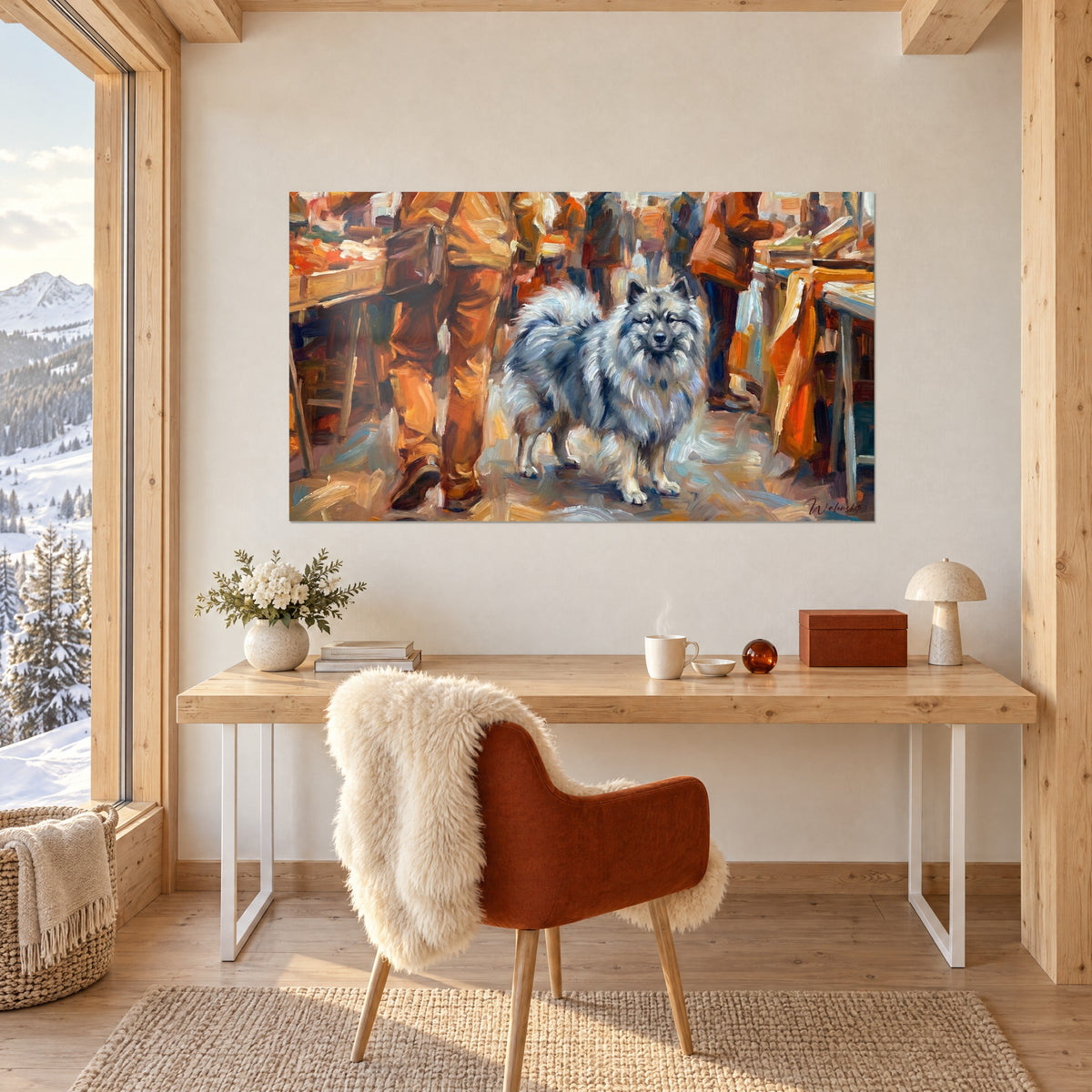 Quadro palla di pelo grigio perla dallo sguardo franco, banchi di legno e cappotti ruggine a pennellate, sopra una scrivania di legno chiaro