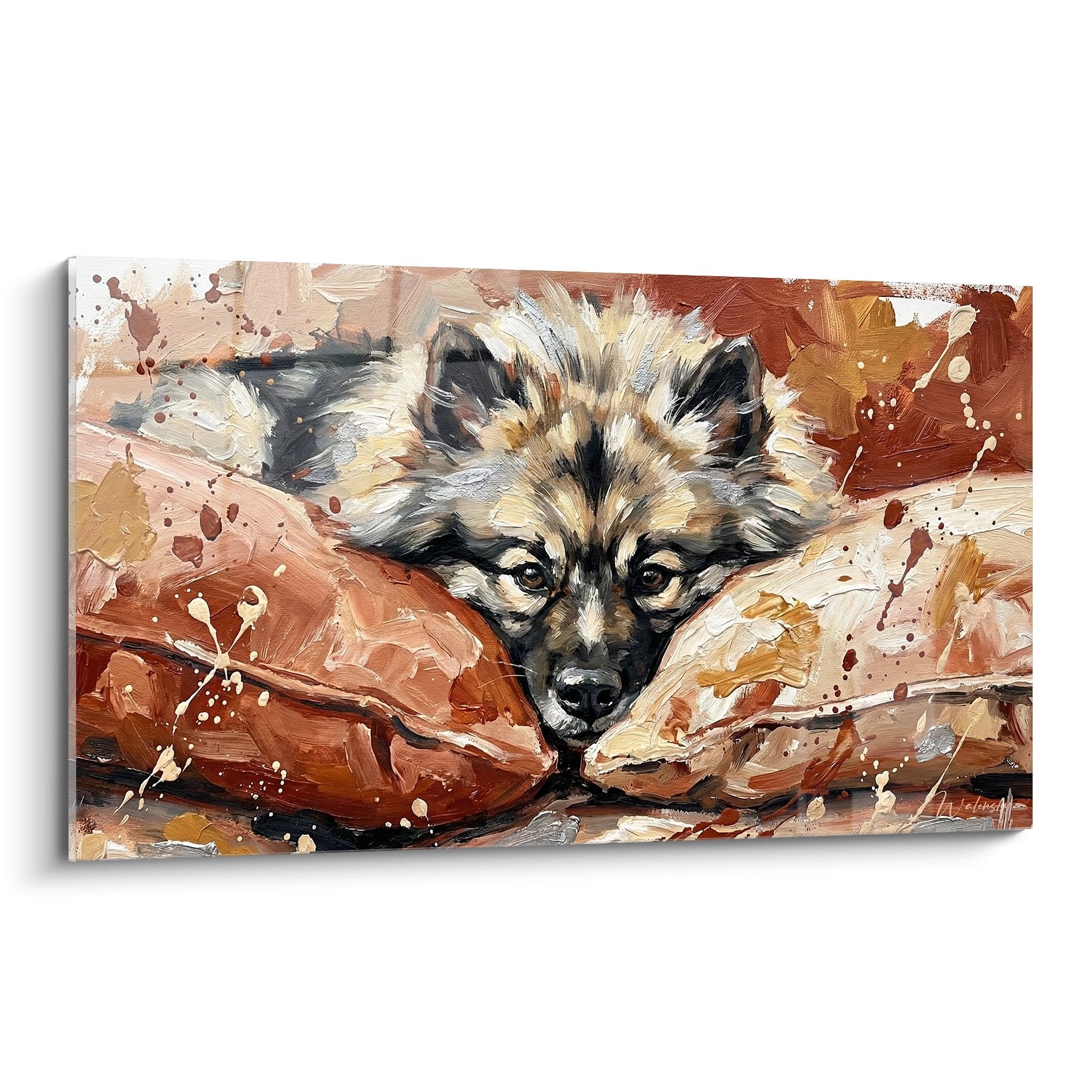 Tableau expressionniste Keeshond aux pinceaux vigoureux palette terre de sienne ocre projections peinture blanche