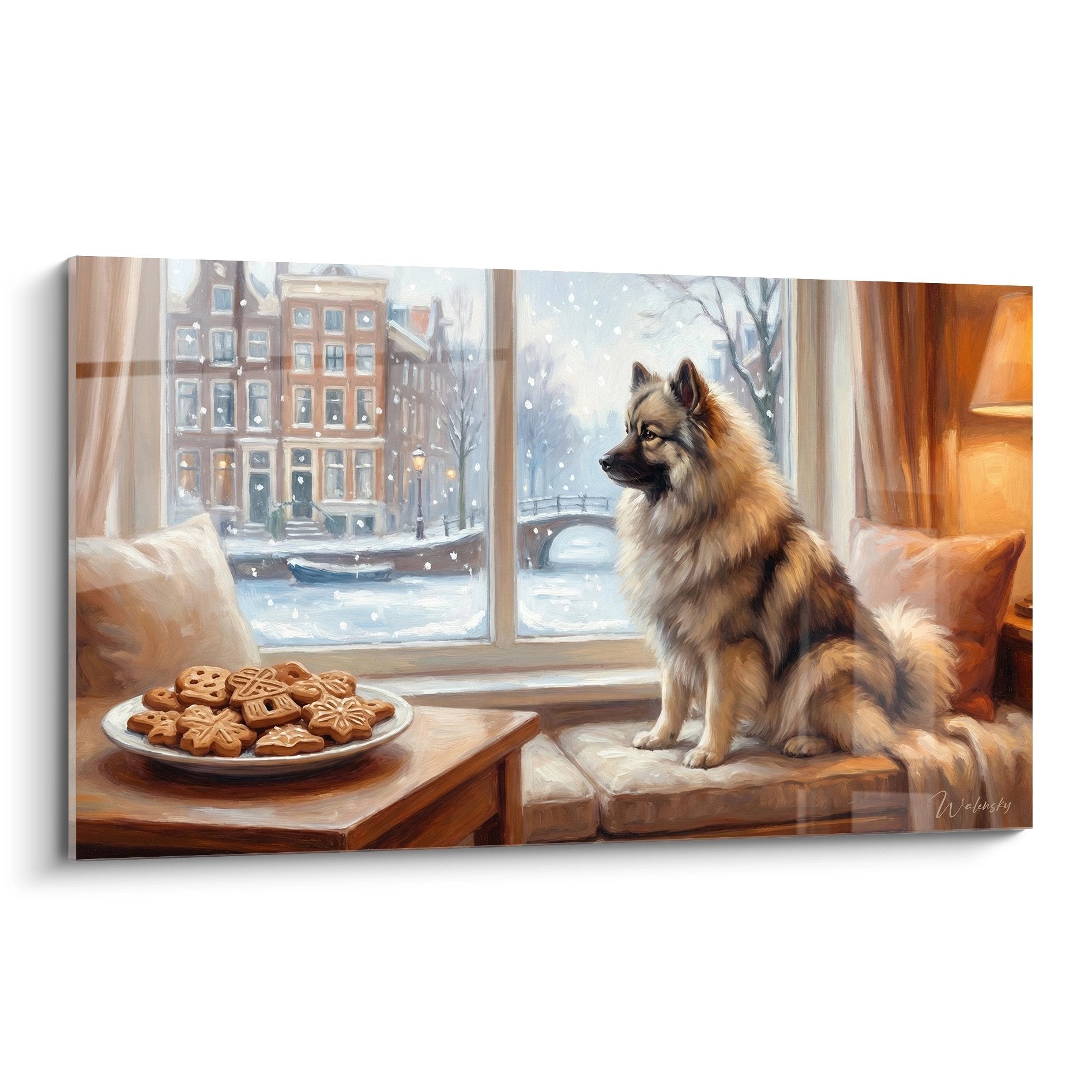 Tableau Keeshond roux observant paysage enneige par fenetre avec biscuits - ambiance chaleureuse hivernale