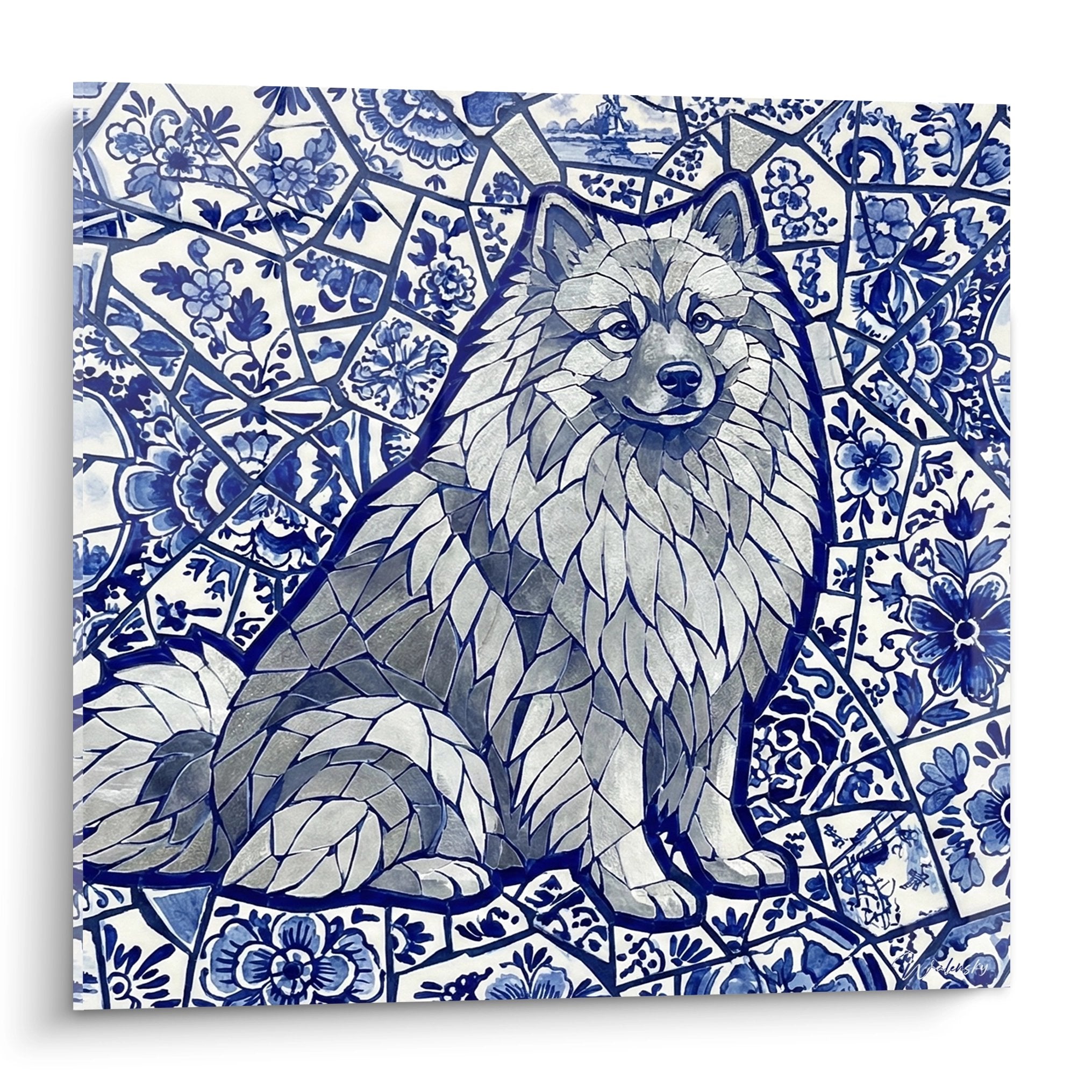 Tableau decoratif Keeshond geometrique bleu sur mosaique carreaux faience hollandaise style Delft