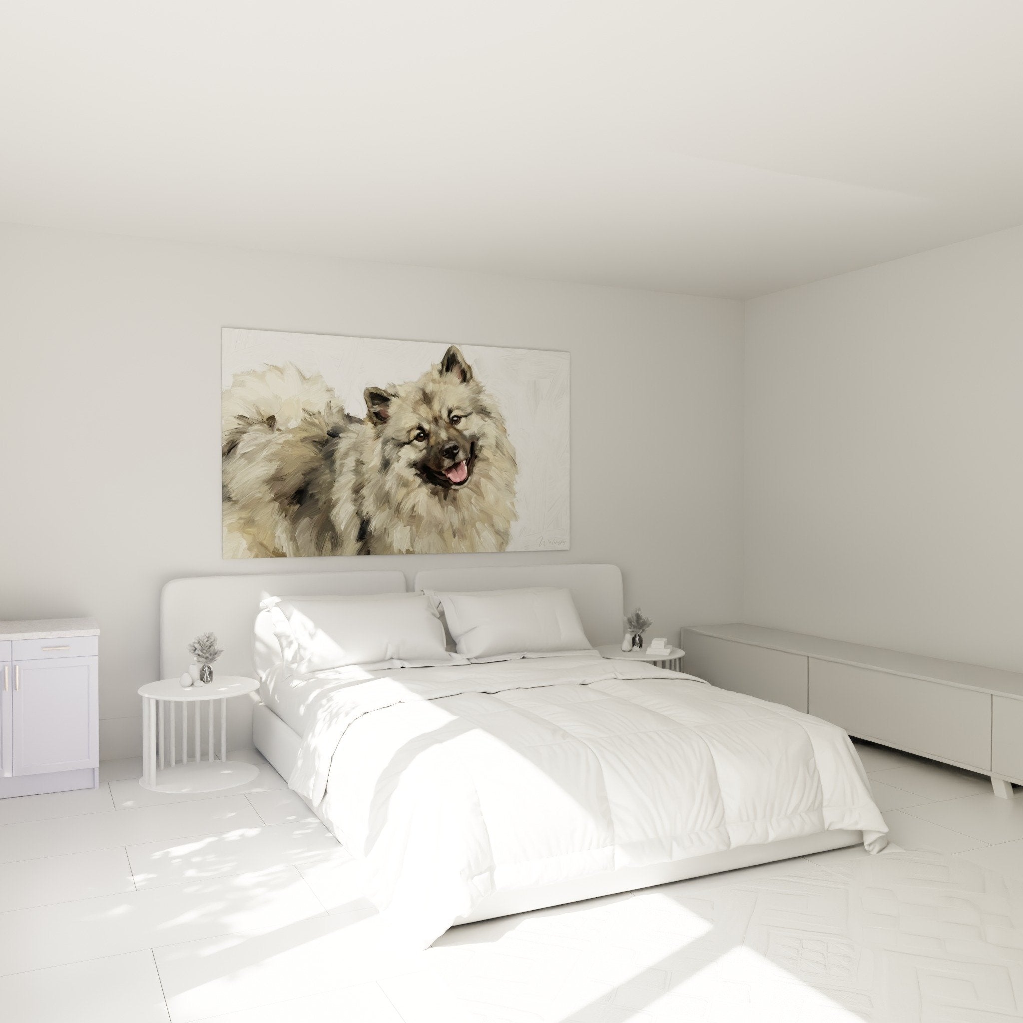 Tableau keeshond souriant accroché chambre mur blanc decoration chaleureuse tons beiges