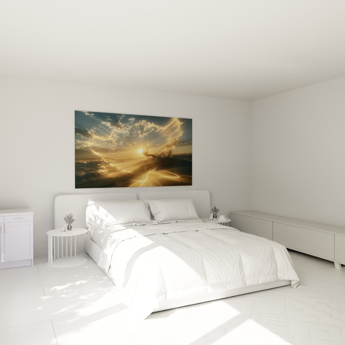 Rider en kite surf doré et bleu marine au-dessus d'un lit dans une chambre claire
