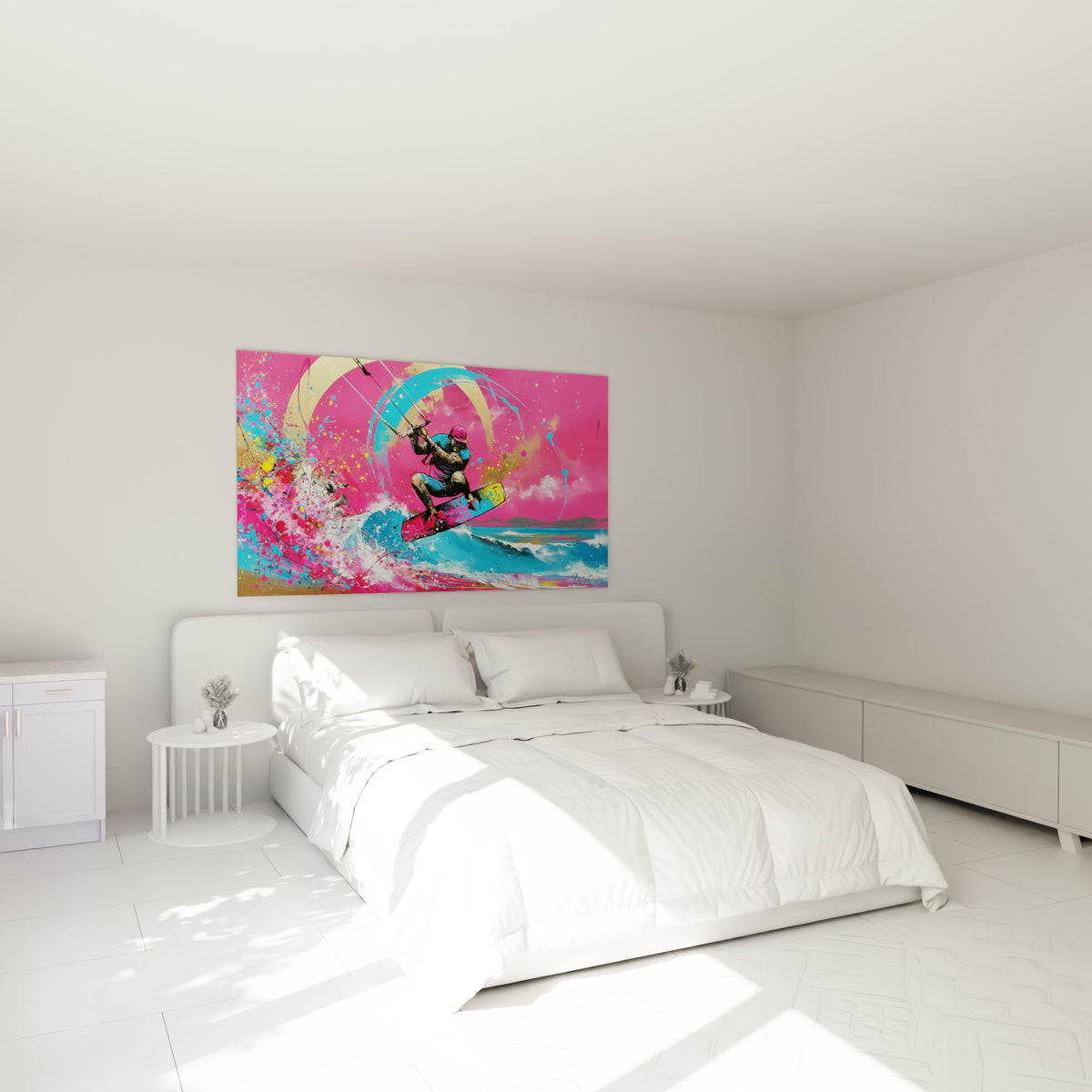Athlète de kitesurf saisi en plein saut, tons roses et turquoise, au-dessus d'un lit dans une chambre claire