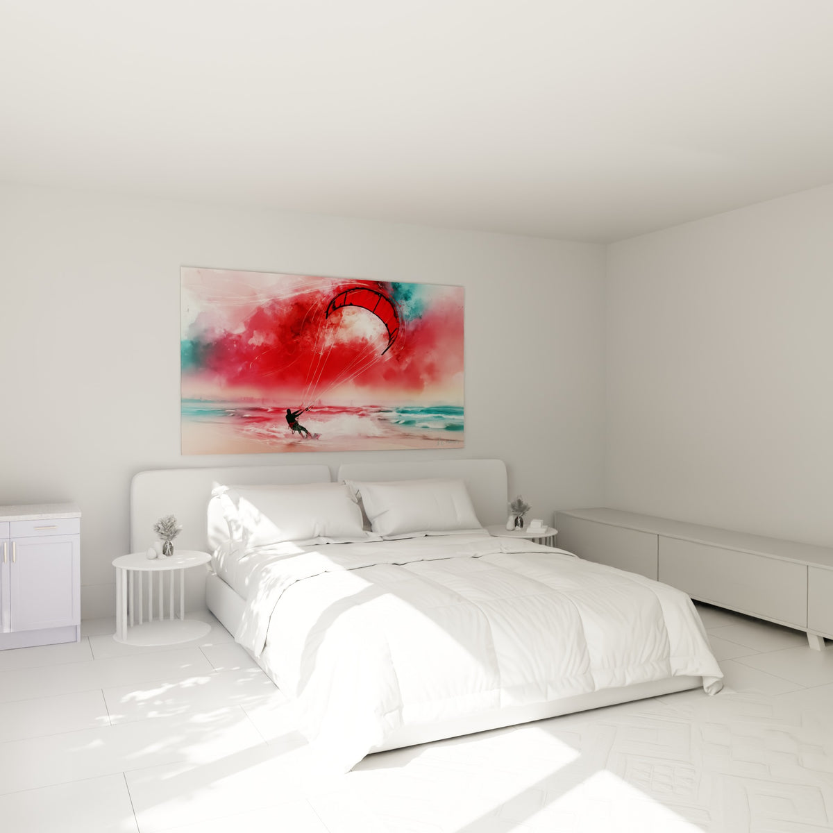 Aile écarlate et écume blanche du tableau kite surf accrochée au-dessus d'un lit dans une chambre claire