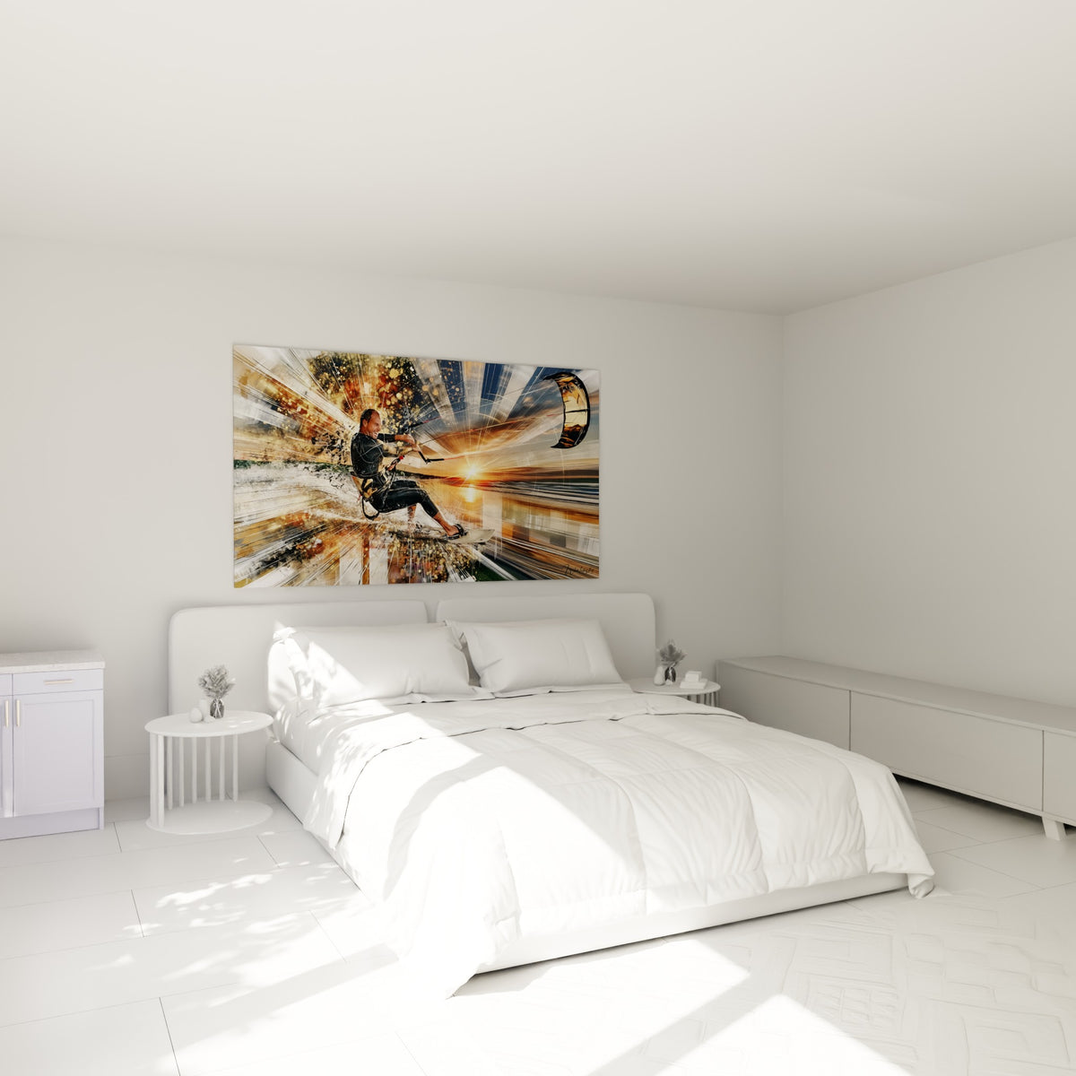 Rider en action, tons dorés et bleu marine, accroché au-dessus d'un lit dans une chambre claire