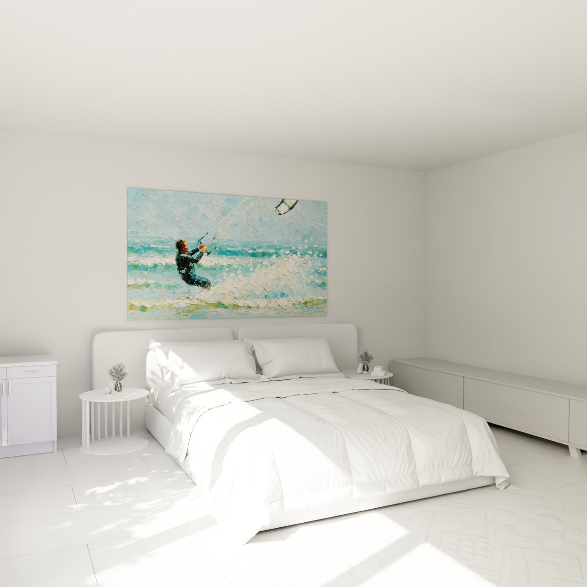 Silhouette sportive tirée par un cerf-volant sur fond bleu turquoise, au-dessus d'un lit dans une chambre claire