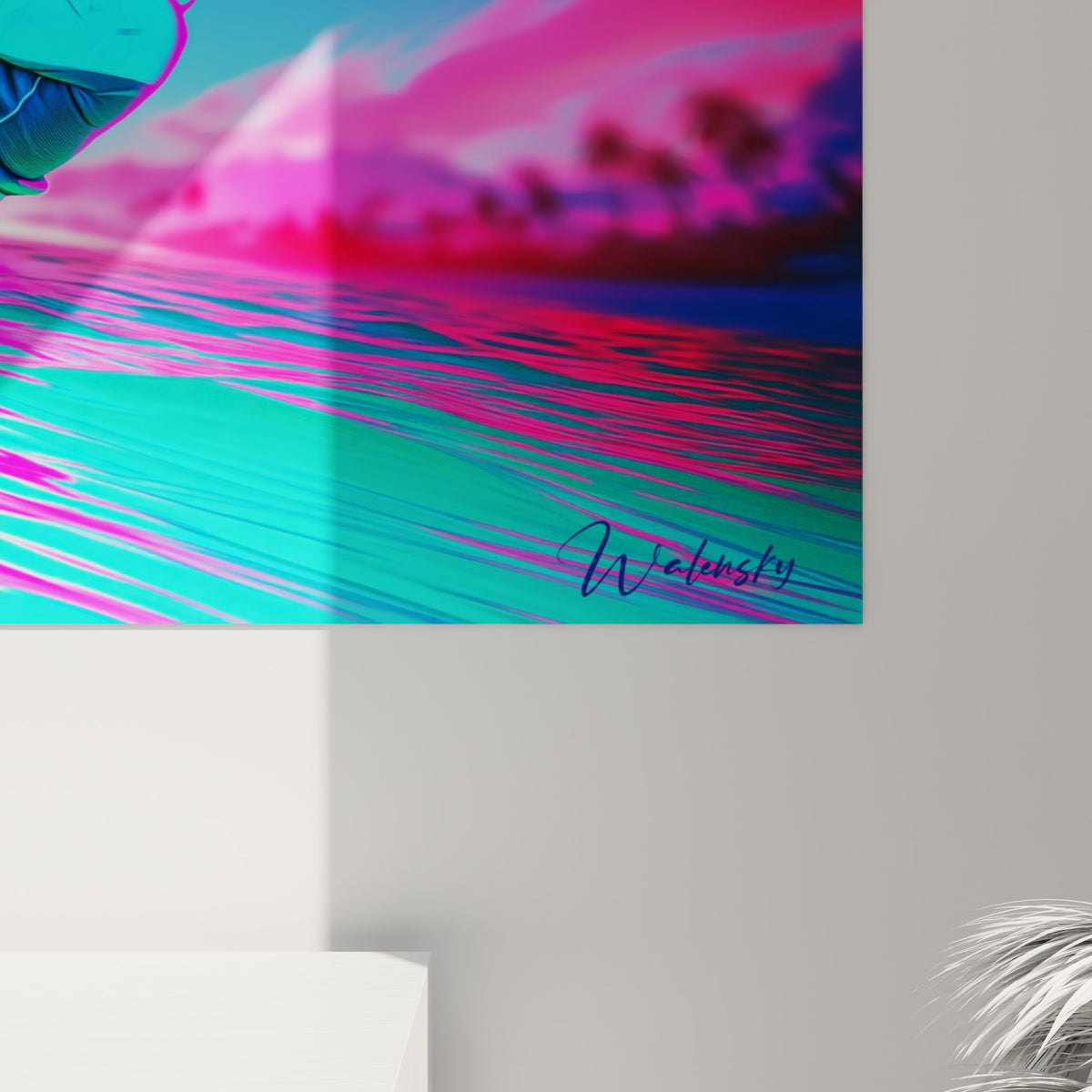 Détail des dégradés jaune néon et magenta se mêlant sur la toile, grain visible de l'impression