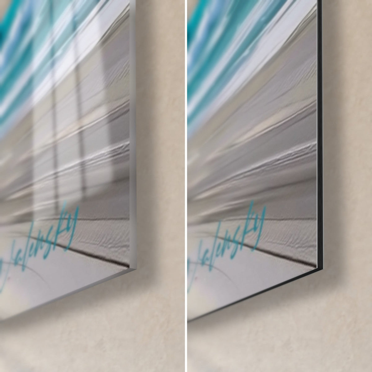 Tableau sportif de kite, coin bas droit : verre acrylique brillant aux reflets à gauche, alu Dibond noir mat à droite, tranche de 3 mm