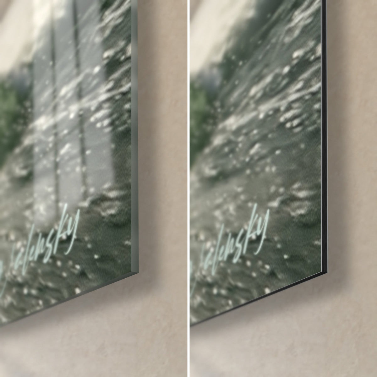 Gemälde Kitesurfer auf weißem Board, grüne Spritzer, untere rechte Ecke: glänzendes Acrylglas links, matt Alu-Dibond rechts