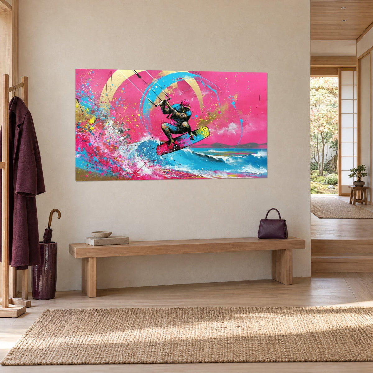 Gemälde Kitesurf-Sportler mitten im Sprung, gelbes und blaues Brett, goldene Mondsichel auf leuchtend rosa Hintergrund, Dreiviertelansicht im Eingangsbereich