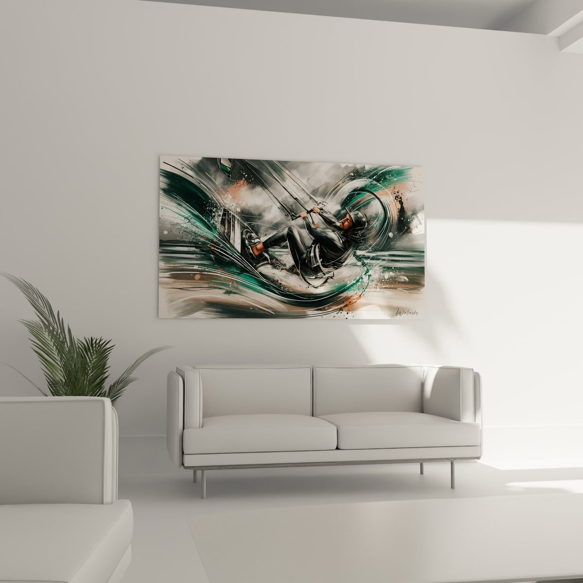 Silhouette athlétique traversant l'écume turquoise et grise, au-dessus d'un canapé dans un salon lumineux