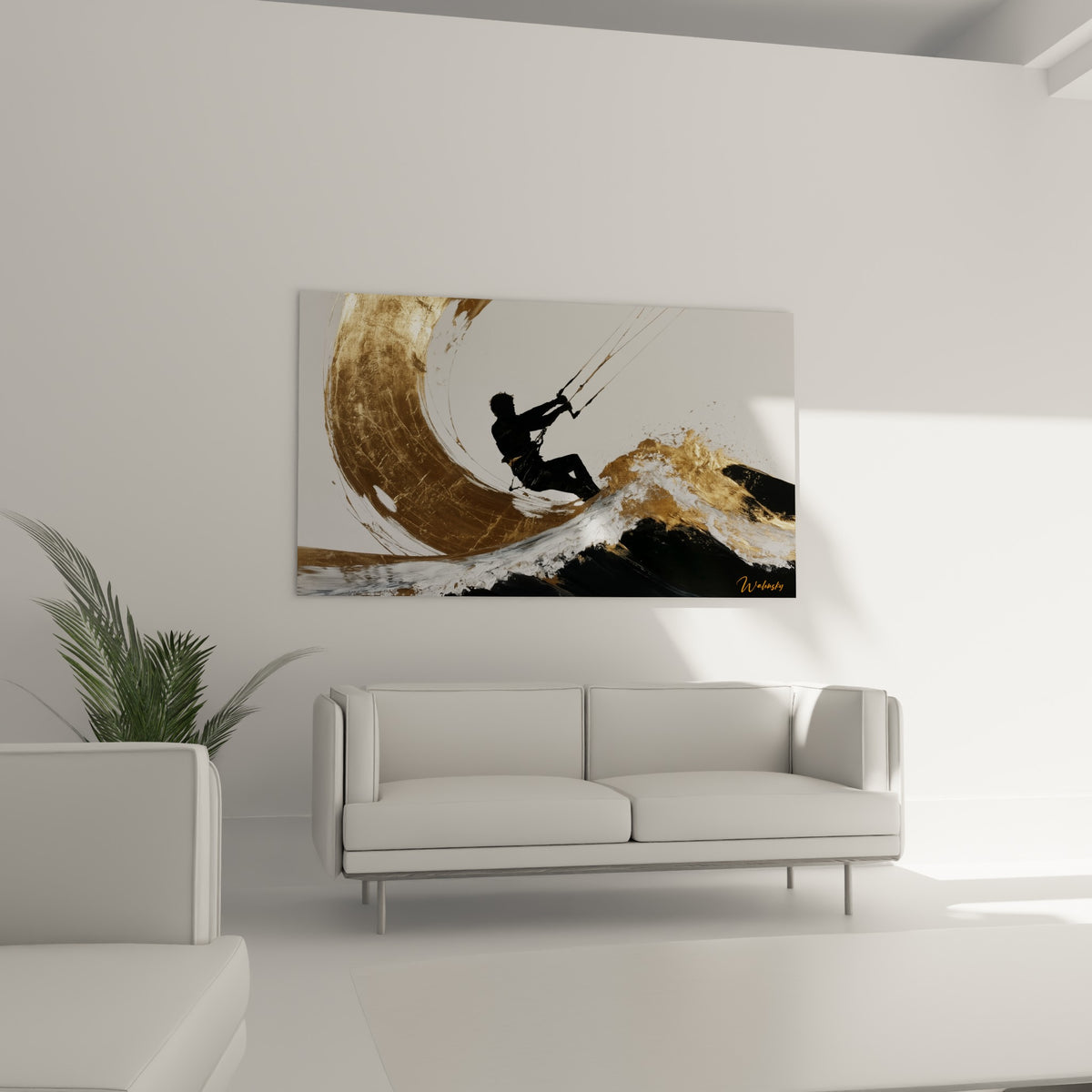 Silhouette du kitesurfeur noire devant l'écume blanche et dorée, au-dessus d'un canapé dans un salon lumineux