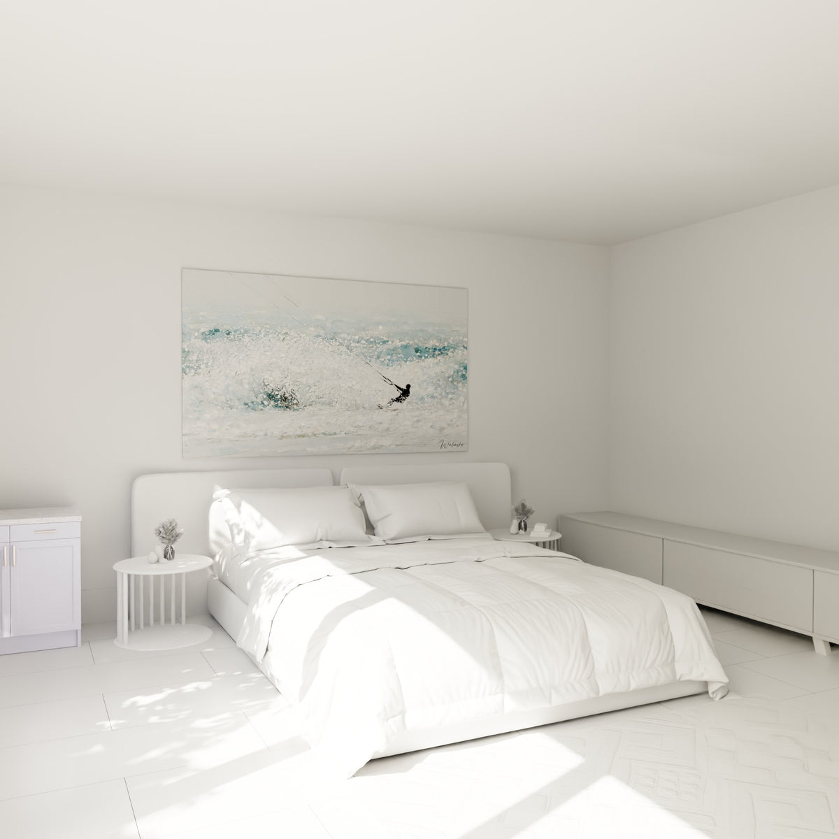 Silhouette sombre tirée par sa voile à travers l'écume blanche et bleu marine, au-dessus d'un lit dans une chambre claire