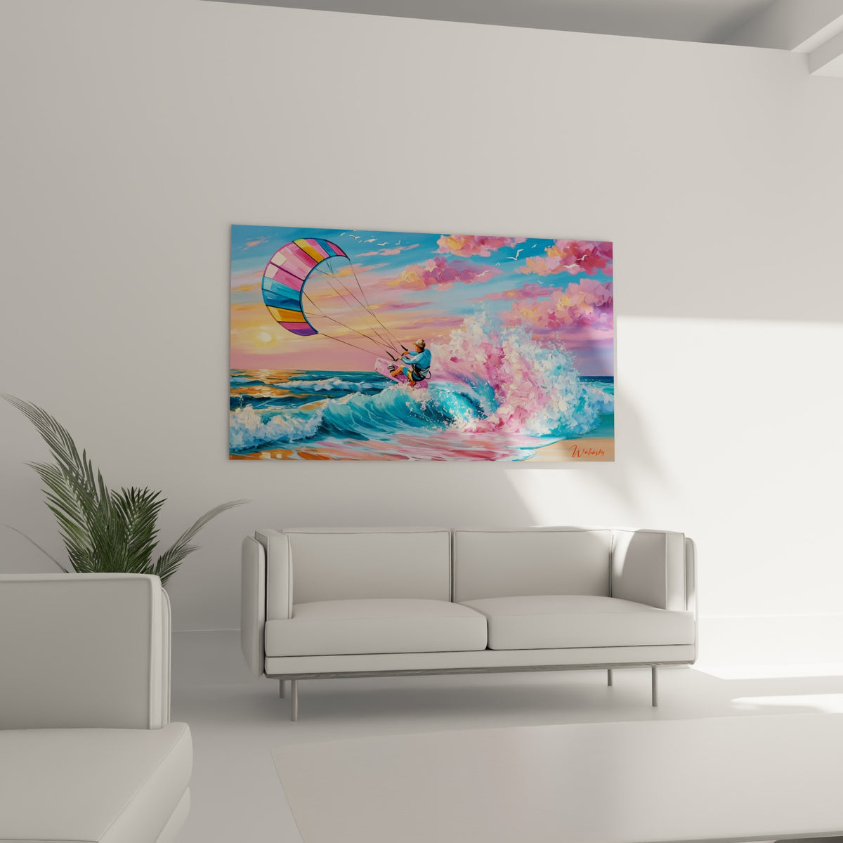 Silhouette de surfeur glissant sur une vague turquoise et corail, au-dessus d'un canapé dans un salon lumineux