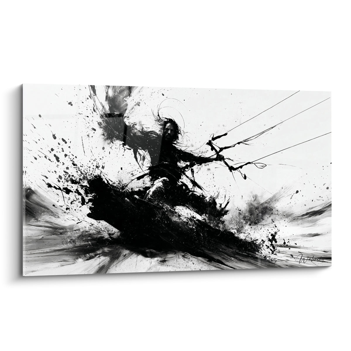 Kitesurfeur en encre noire et blanche jaillissant d'éclaboussures d'écume sur fond immaculé