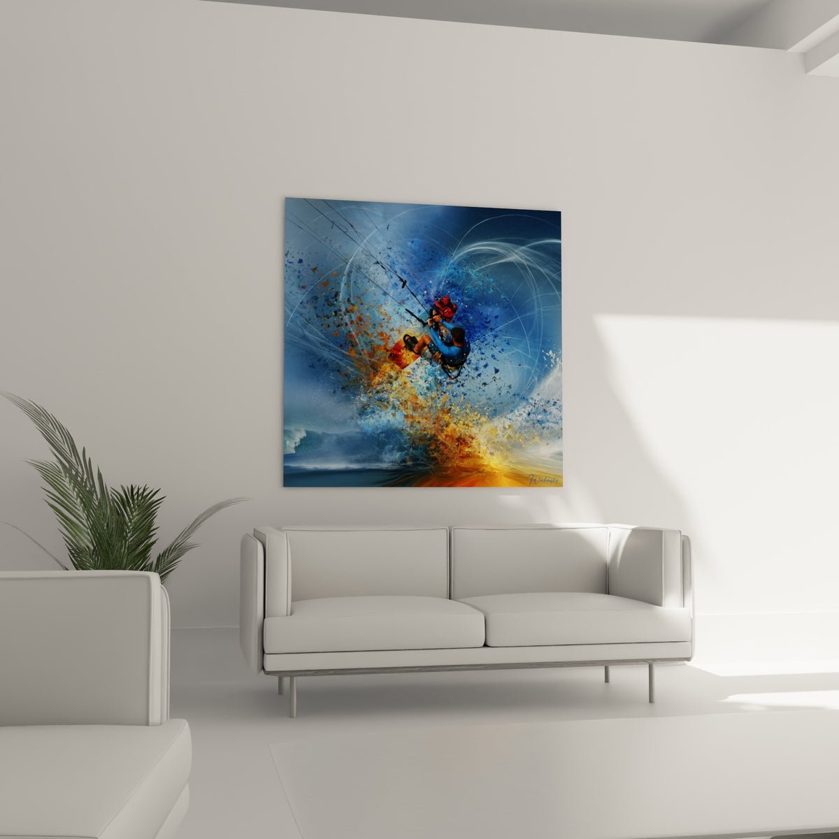 Silhouette figée dans un envol, particules bleu et dorées, accrochée au-dessus d'un canapé dans un salon lumineux