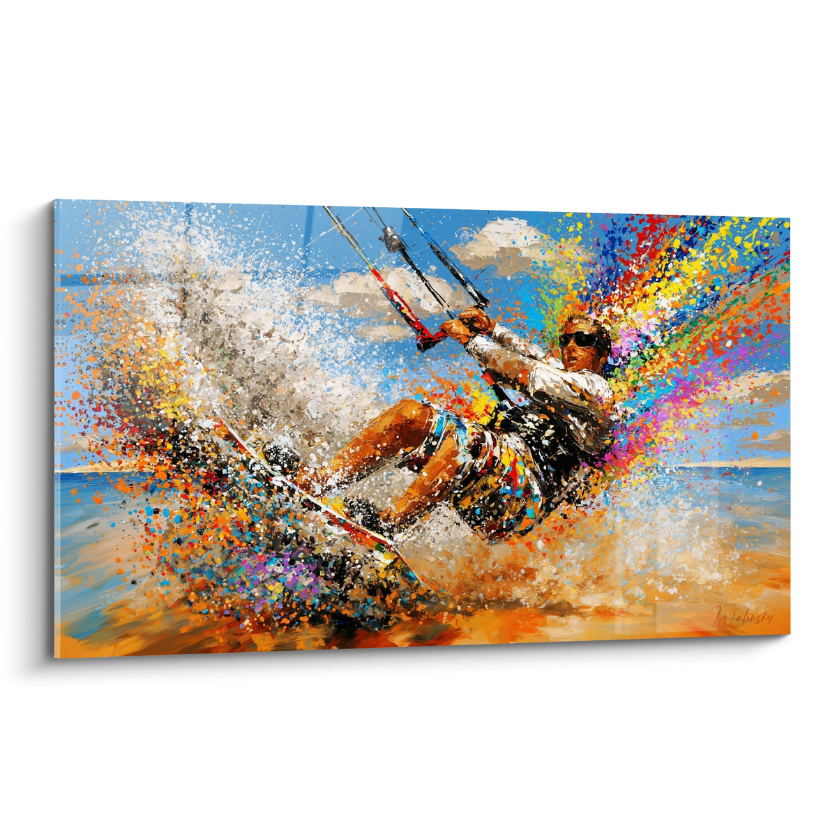 Tableau rider en kite surf orange et bleu marine surgissant d'une gerbe multicolore d'éclaboussures