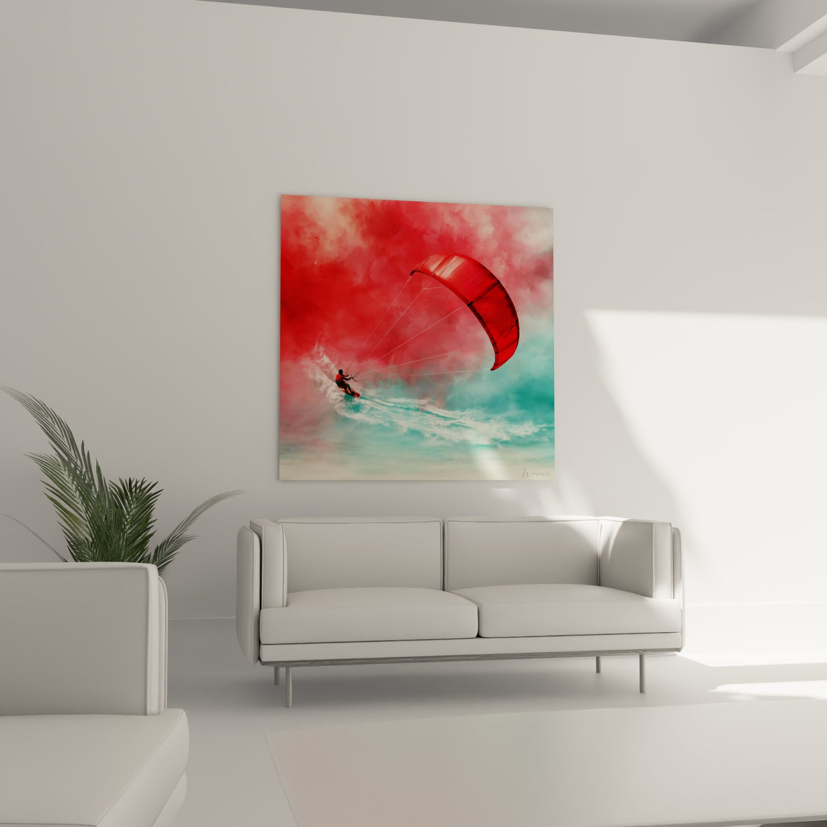 Silhouette en mouvement tirée par une voile écarlate sur mer d'écume, tableau kite surf au-dessus d'un canapé dans un salon lumineux