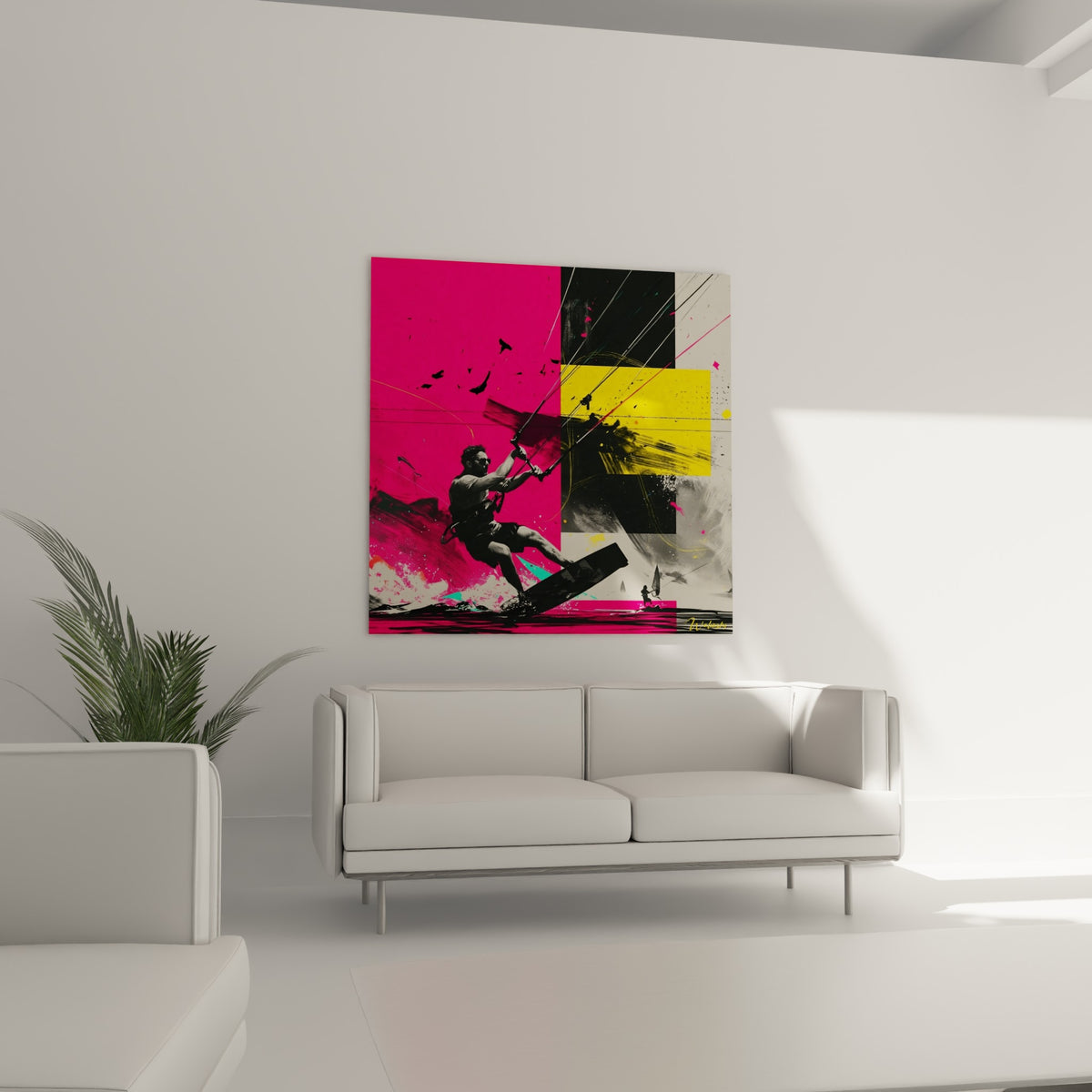 Sportif en action sur fond jaune et anthracite, corde tendue, au-dessus d'un canapé dans un salon lumineux