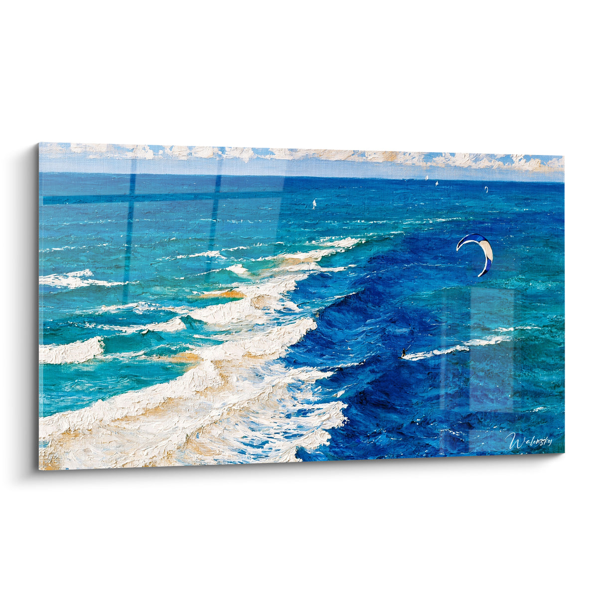 Kite surf turquoise et bleu marine, vagues d'écume peintes au couteau, aile solitaire au loin