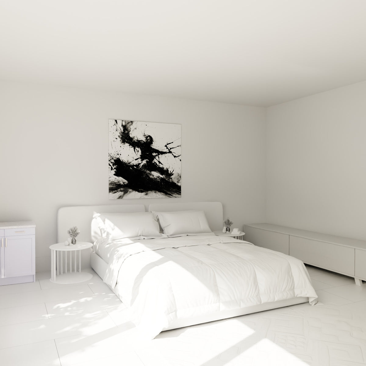 Rider figé dans une explosion d'encre noire et blanche, accroché au-dessus d'un lit dans une chambre claire
