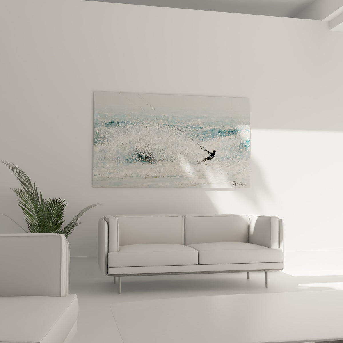 Rider en action fendant une vague blanche et anthracite éclatante, au-dessus d'un canapé dans un salon lumineux