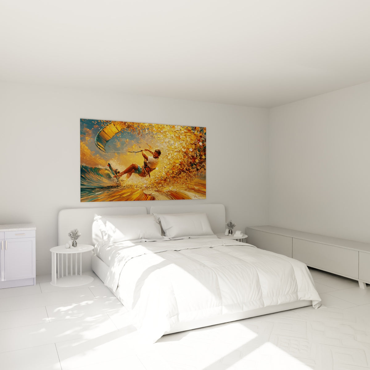 Rider tirant son cerf-volant dans une explosion ocre et bleue, au-dessus d'un lit dans une chambre claire