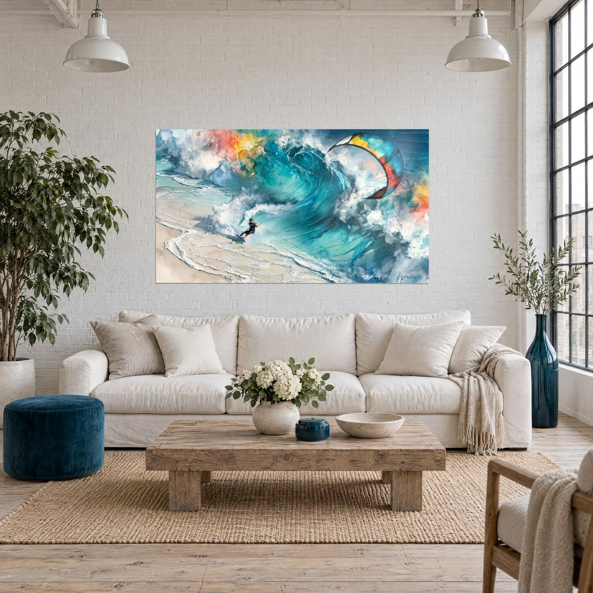 Tableau kitesurfeur filant sous une vague turquoise monumentale, voile jaune et rouge, écume blanche, au-dessus d'un canapé dans un salon lumineux