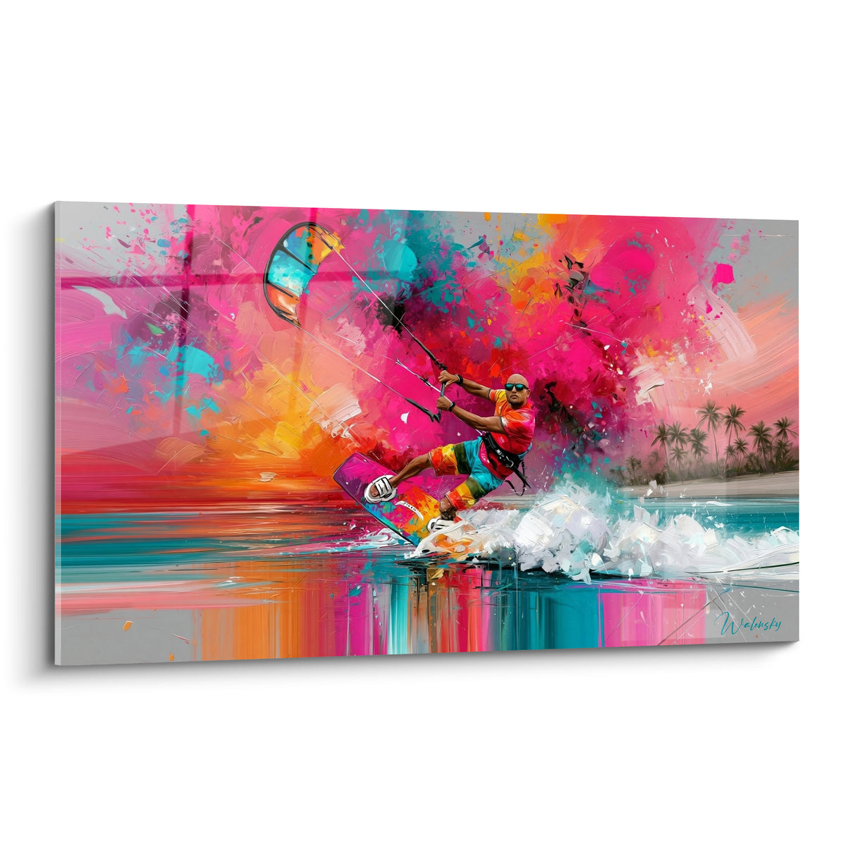 Kitesurfeur en plein saut sur fond rose fuchsia et turquoise, planche orange et écume blanche éclatante