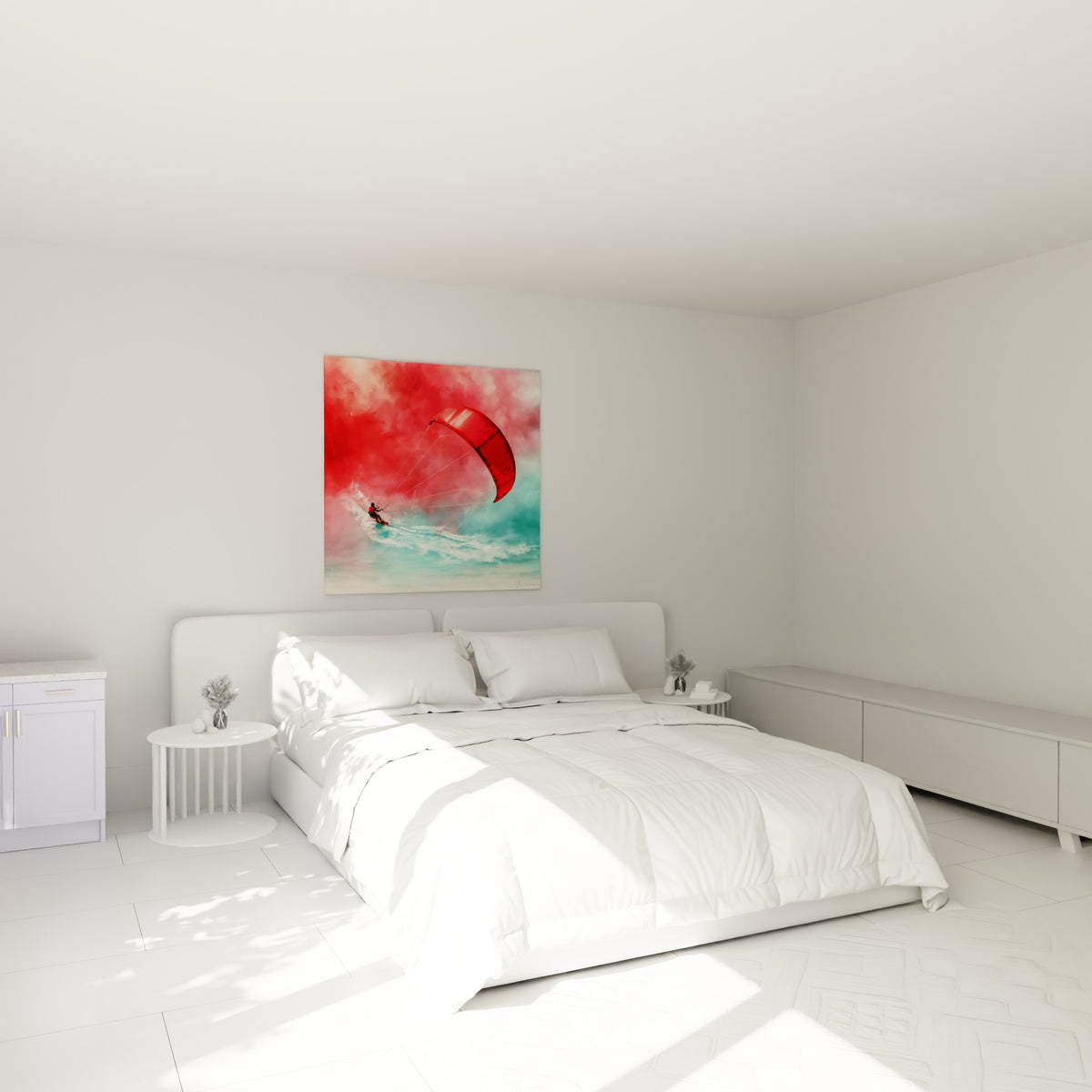 Voile rouge et vagues turquoise d'un rider en plein élan, tableau kite surf au-dessus d'un lit dans une chambre claire