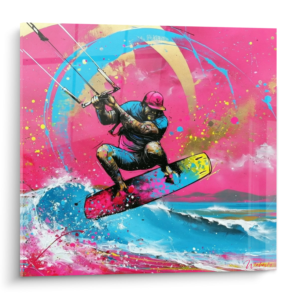 Kitesurfeur en plein saut, tons rose fuchsia et bleu turquoise, style peinture urbaine expressive