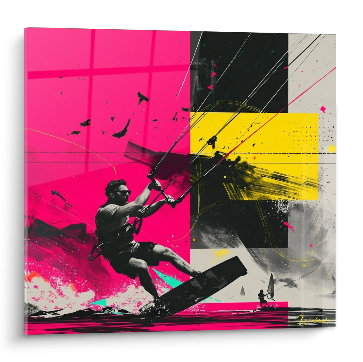 Kitesurfeur en plein saut sur fond rose fuchsia et jaune éclaté, style graphique intense