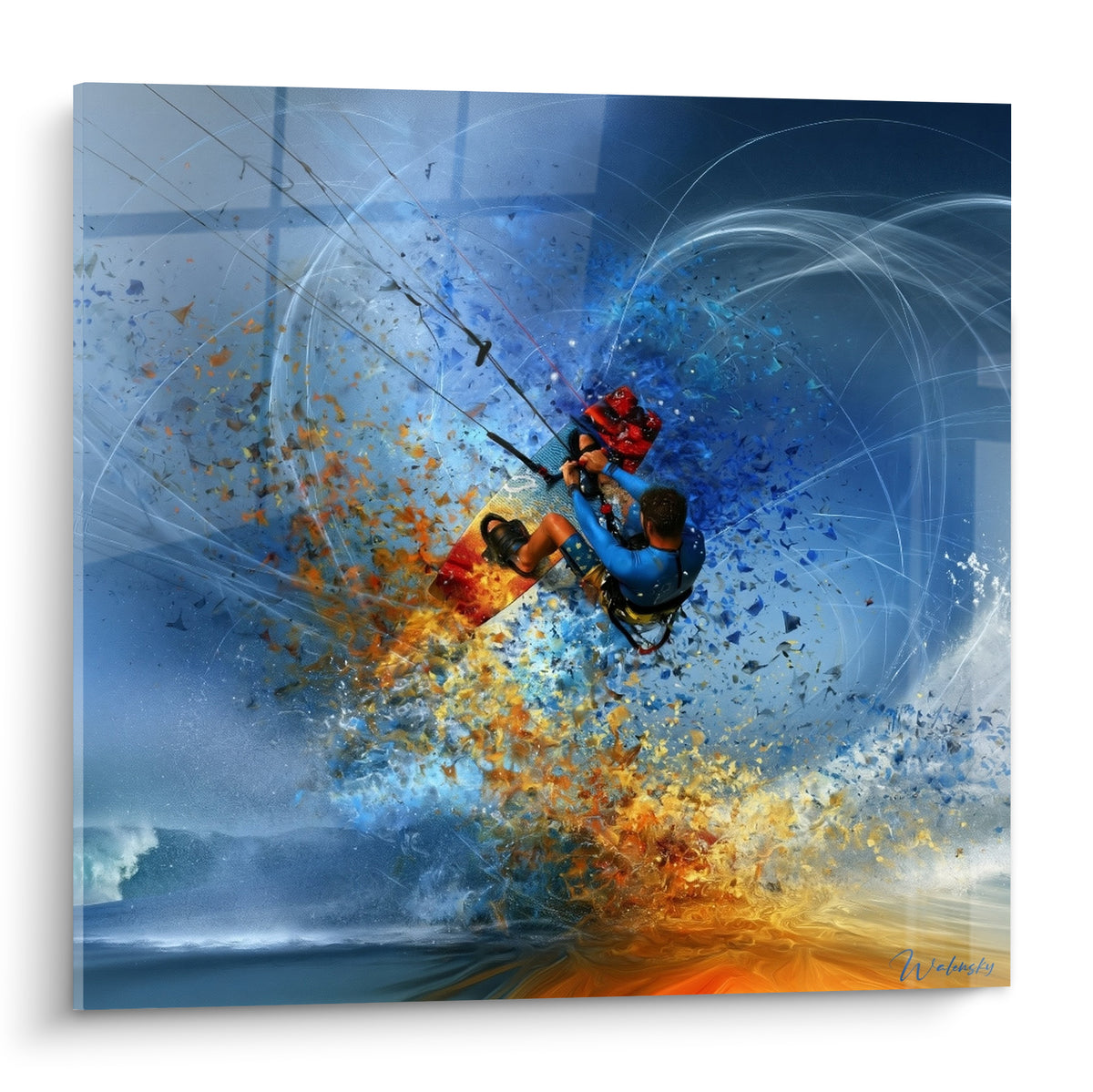 Kitesurfeur en saut, combinaison bleu marine, éclats orangés et dorés autour de lui, traitement pictural éclaté
