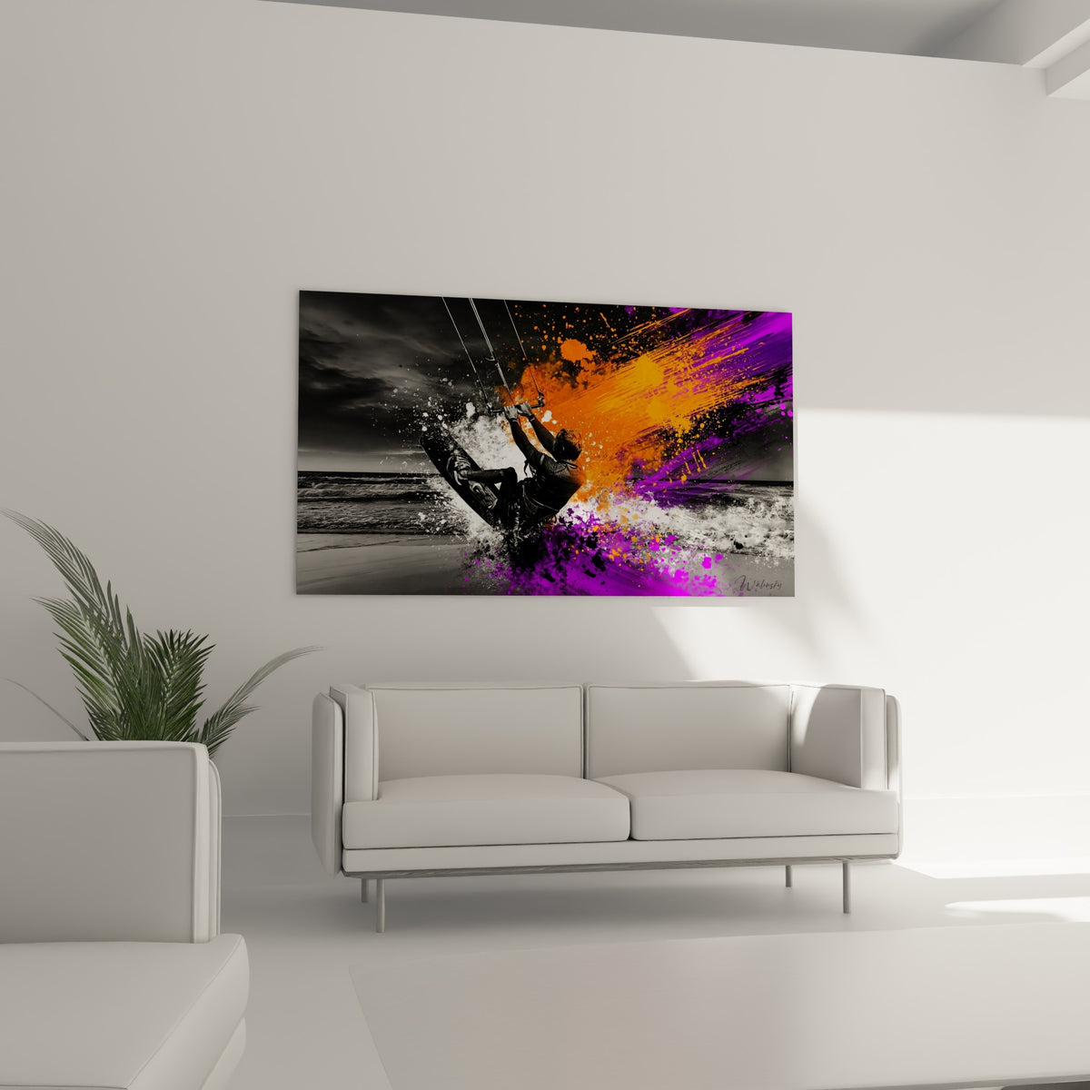 Silhouette du kitesurfeur happée par une traînée violette et orange, au-dessus d'un canapé dans un salon lumineux