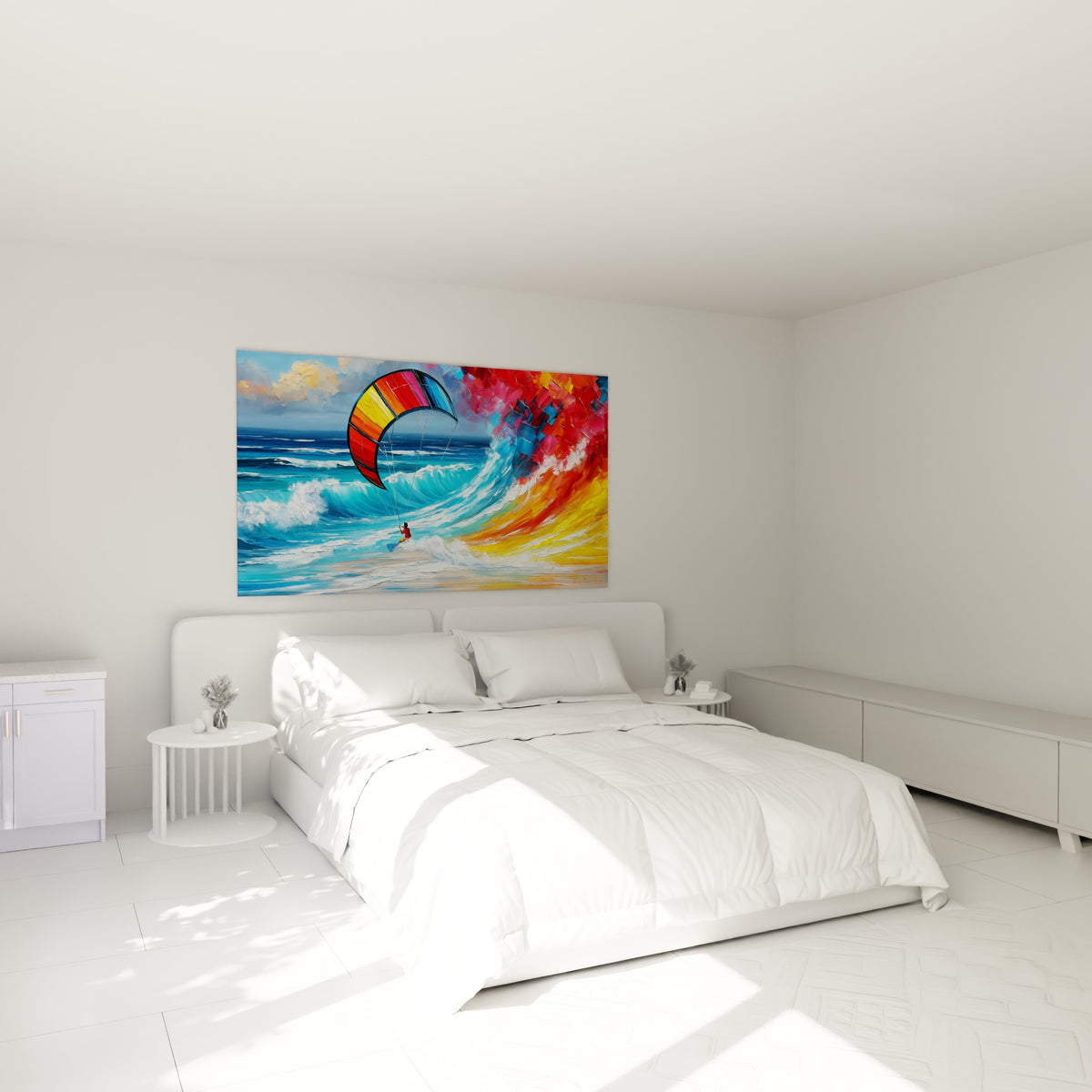 Silhouette de kitesurfeur entre vague turquoise et explosion rouge, au-dessus d'un lit dans une chambre claire.