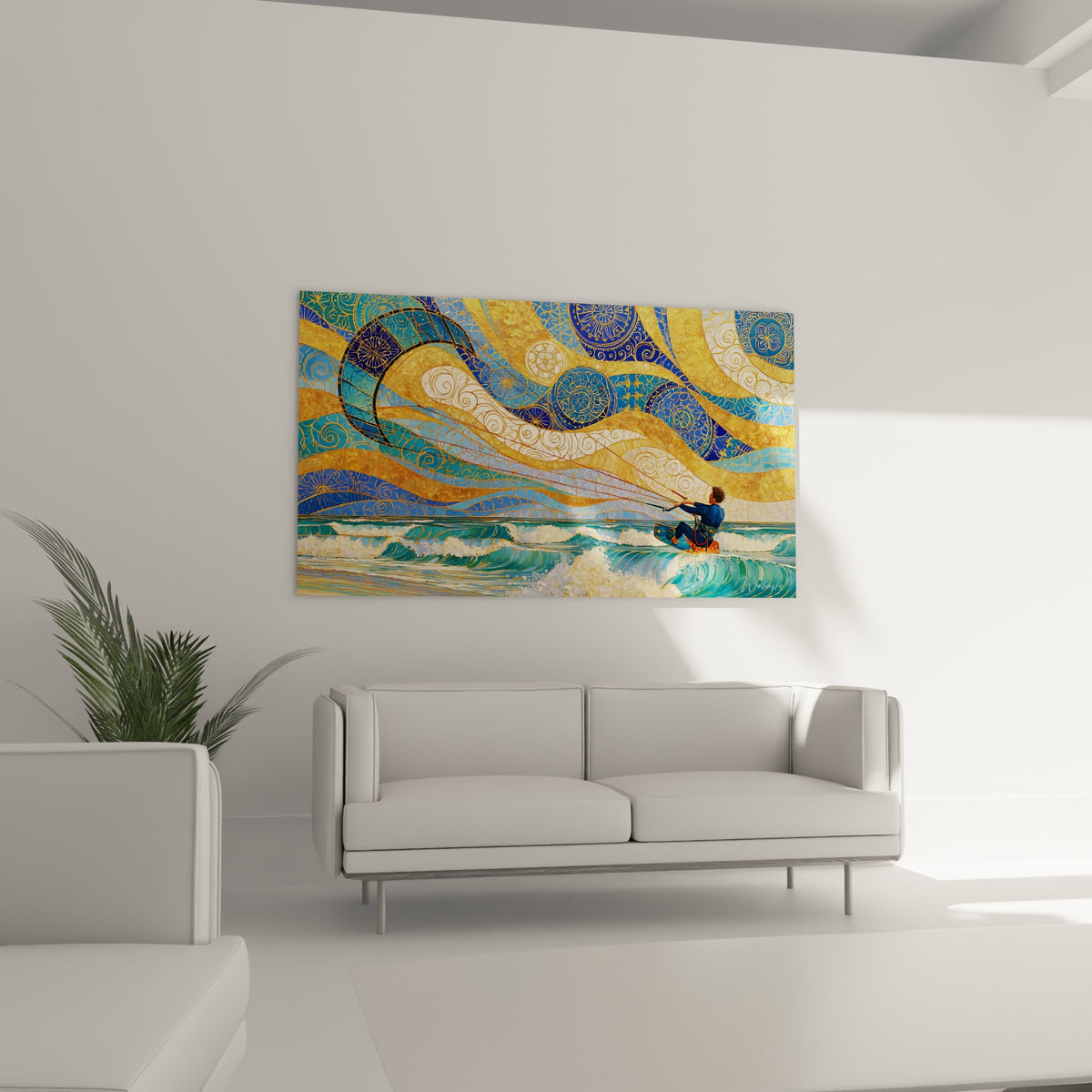 Silhouette bleue du surfeur filant sur l'écume blanche, au-dessus d'un canapé dans un salon lumineux