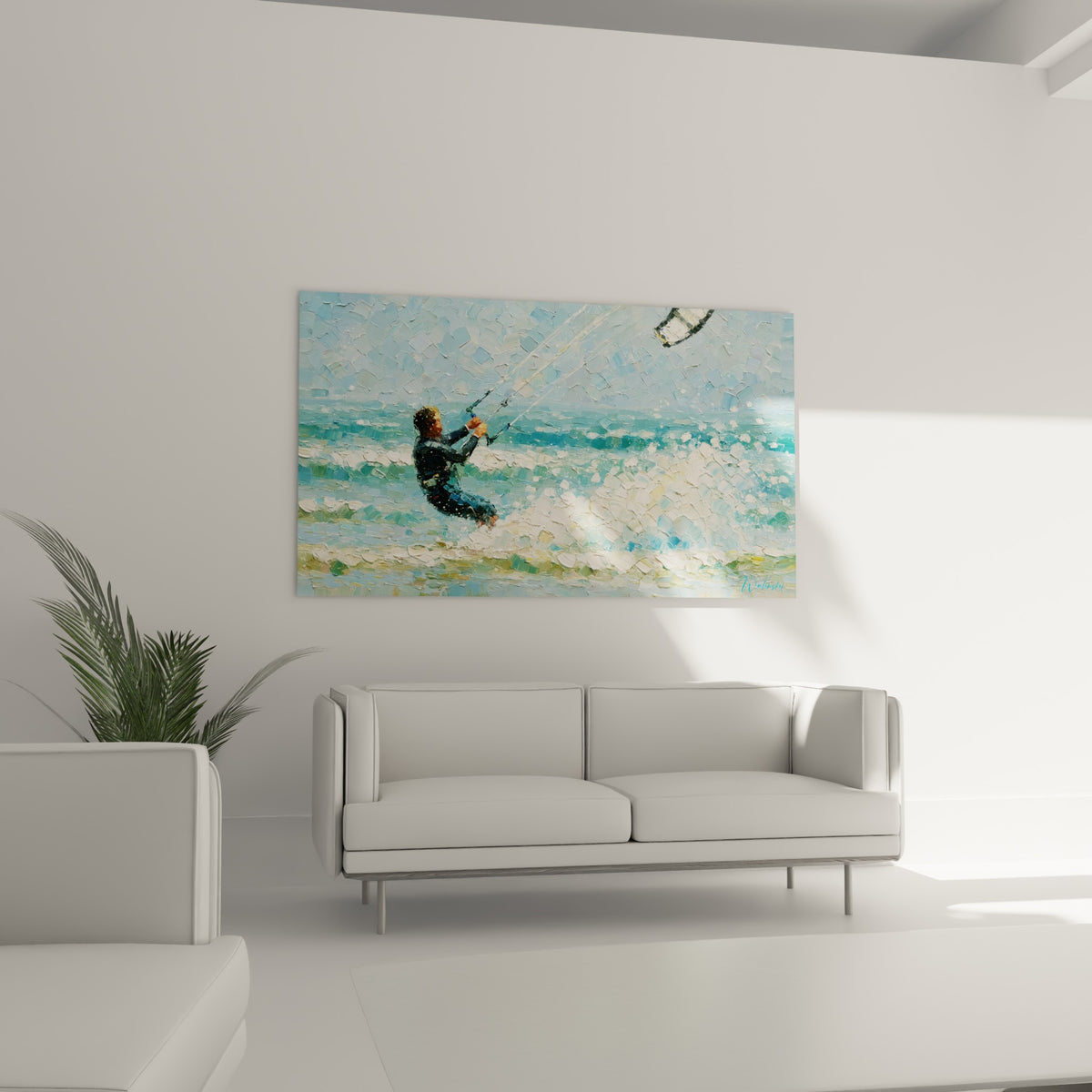 Surfeur cambré dans l'écume blanche et les reflets bleu pastel, au-dessus d'un canapé dans un salon lumineux