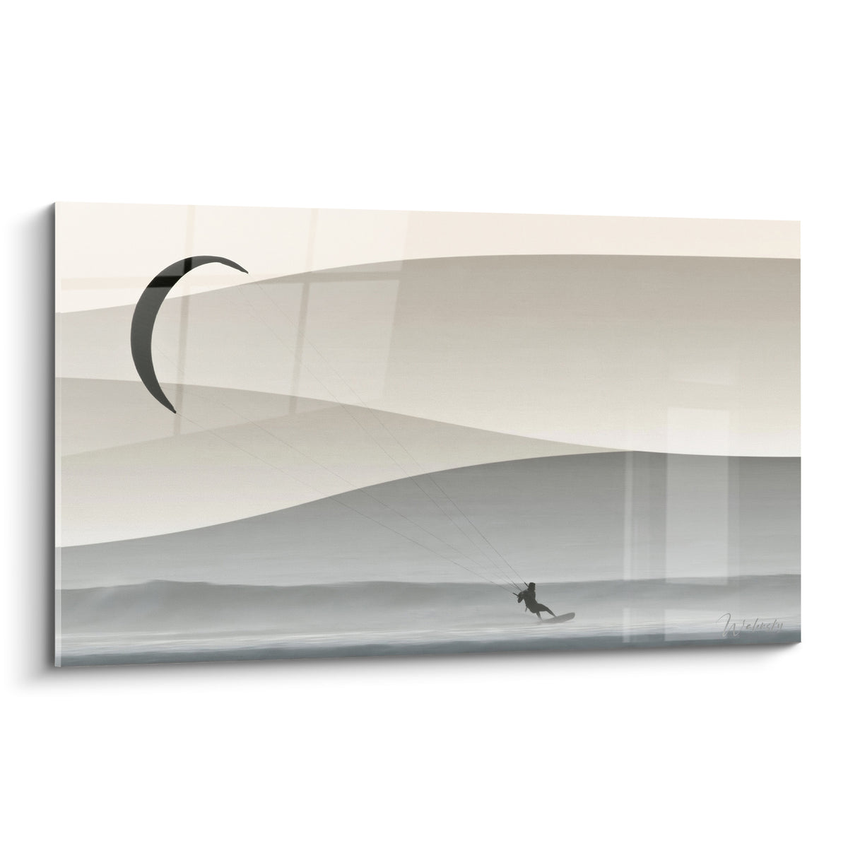 Rider en silhouette noire glissant sur des vagues beige et gris anthracite stylisées