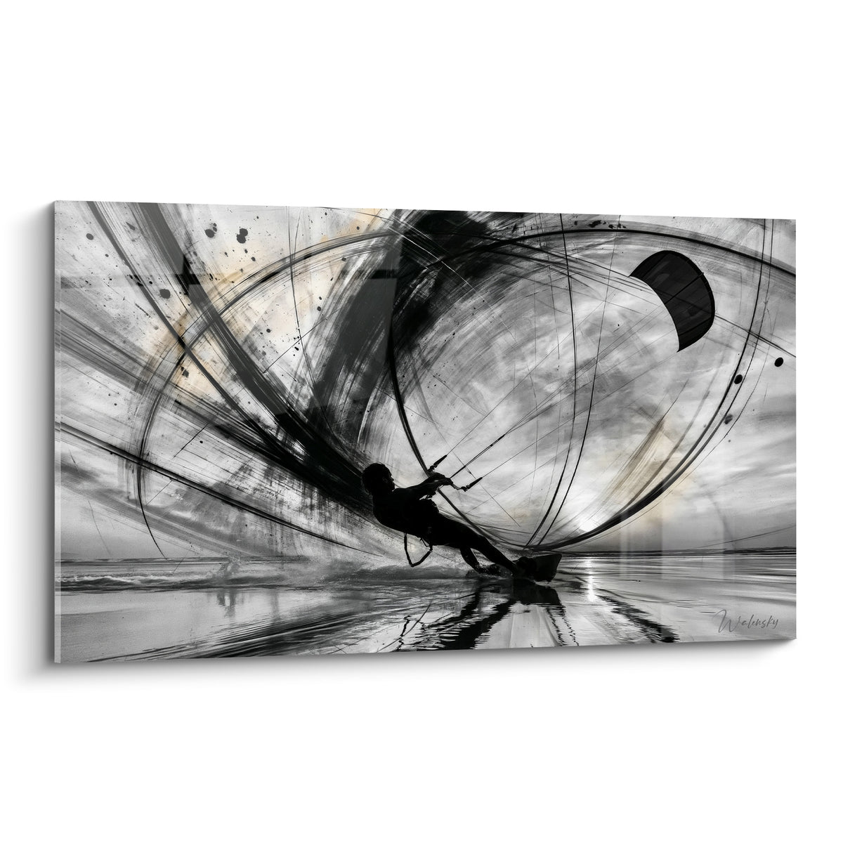 Kitesurfeur en silhouette noire capturé dans un tourbillon graphique gris et doré intense
