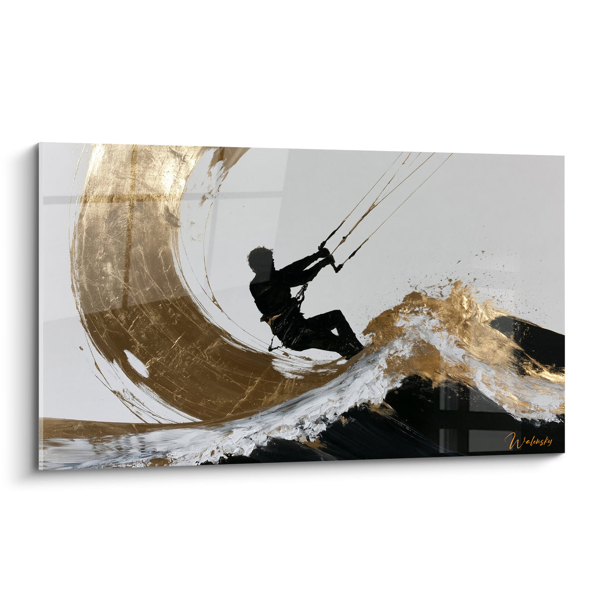 Kitesurfeur en silhouette noire sur vague dorée et blanche, geste peint en grands empâtements dorés