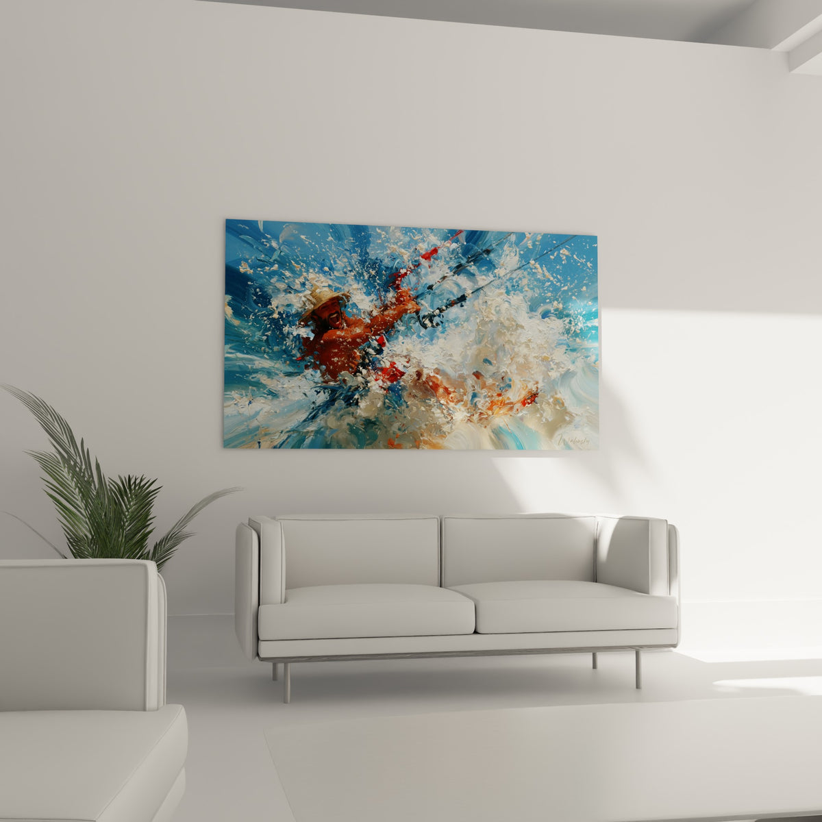 Silhouette du kitesurfeur émergeant d'éclaboussures bleu et rouge, au-dessus d'un canapé dans un salon lumineux