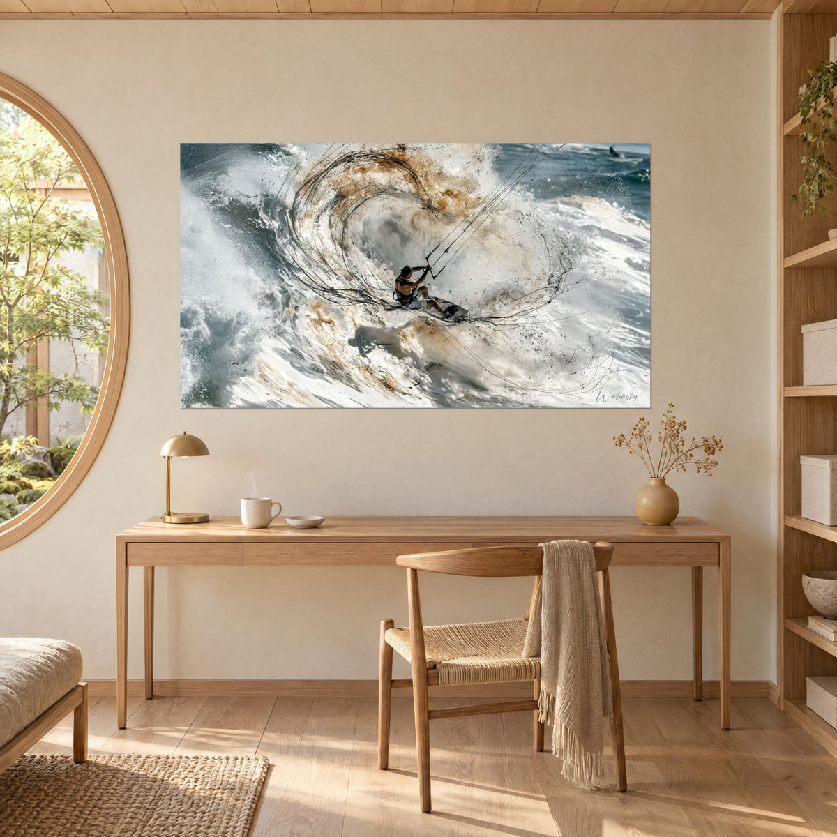Tableau athlète nautique au harnais noir dans un déferlement d'écume crème et ocre brûlé, accroché au-dessus d'un bureau en bois clair