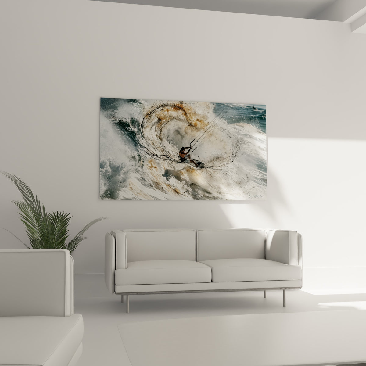 Silhouette du kitesurfeur cerclée d'écume terracotta et blanche, au-dessus d'un canapé dans un salon lumineux