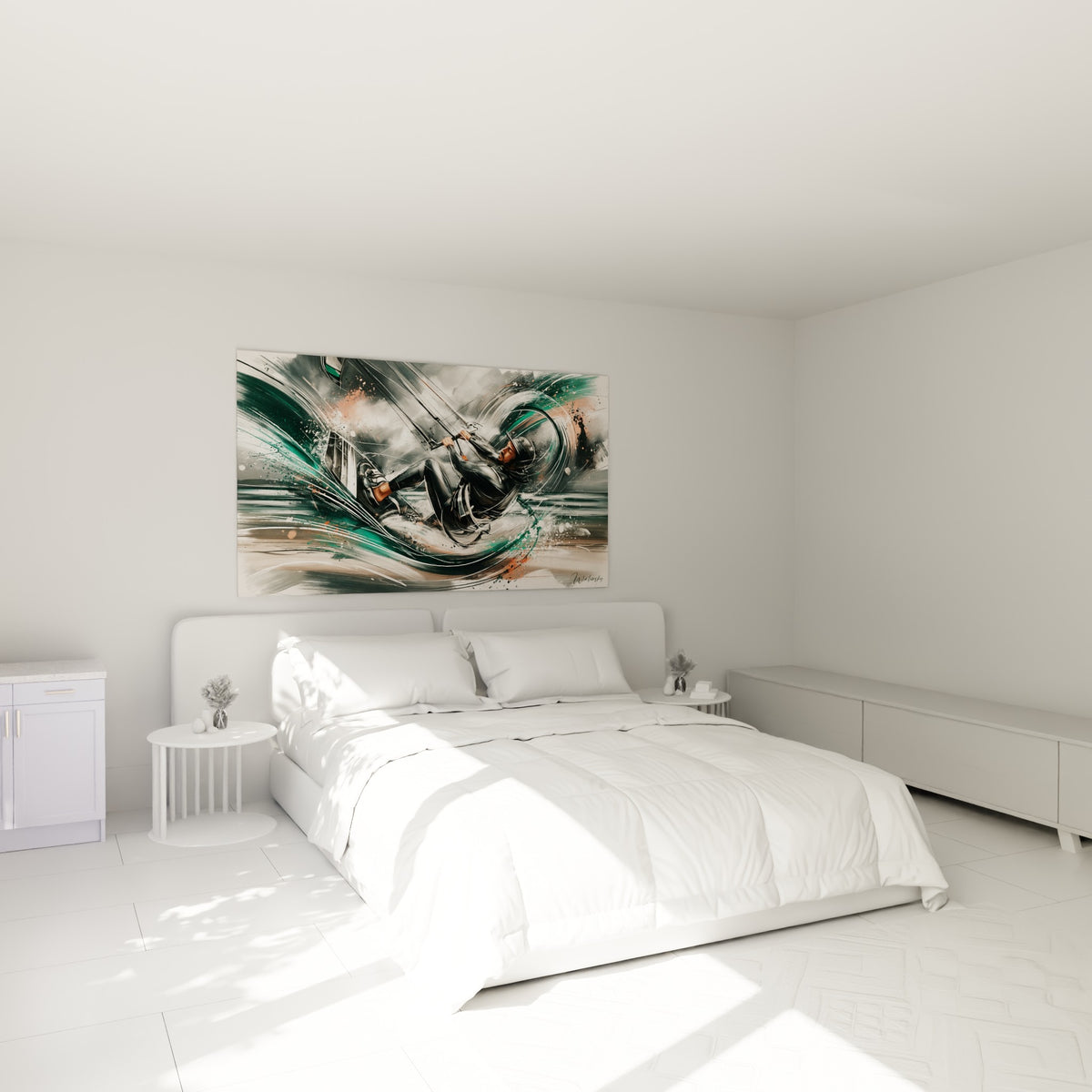 Sportif suspendu dans une vague anthracite et turquoise, accroché au-dessus d'un lit dans une chambre claire