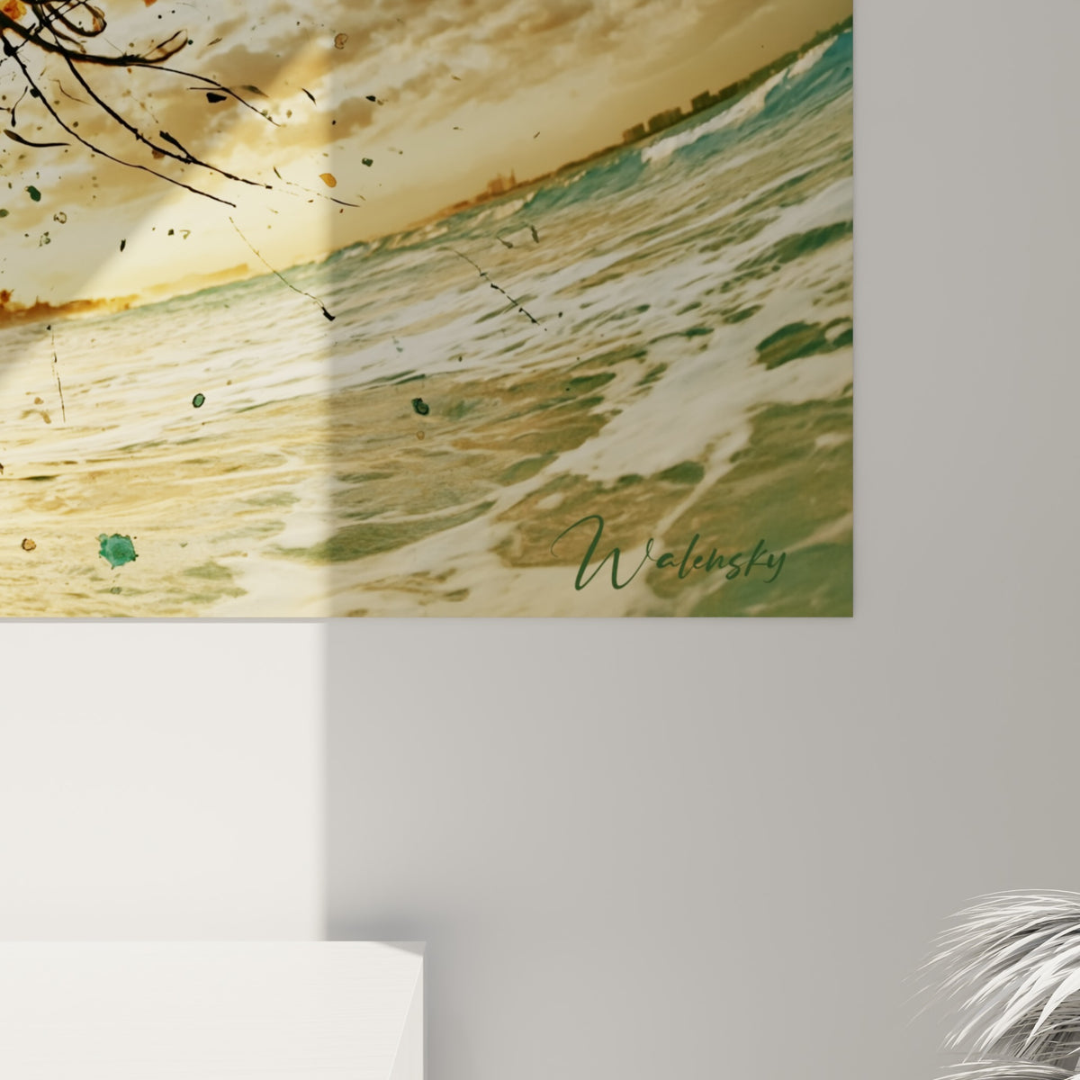 Éclaboussures d'aquarelle turquoise et dorée visibles en gros plan sur la toile du kitesurfeur