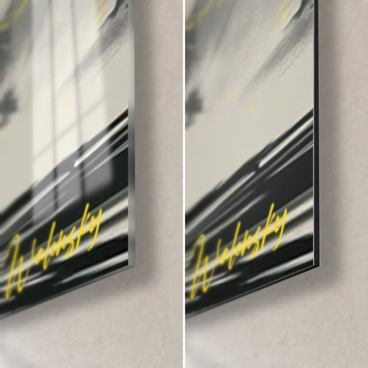Kitesurf wall art in action, bottom right corner: glossy acrylic glass with reflections, matte grey and black Dibond, 3 mm edge, yellow signature