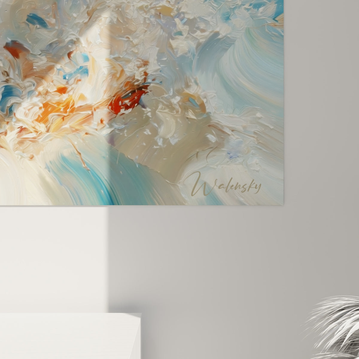 Empâtements blancs et bleus se mêlant en coulures épaisses, révélant la matière picturale de la toile de près